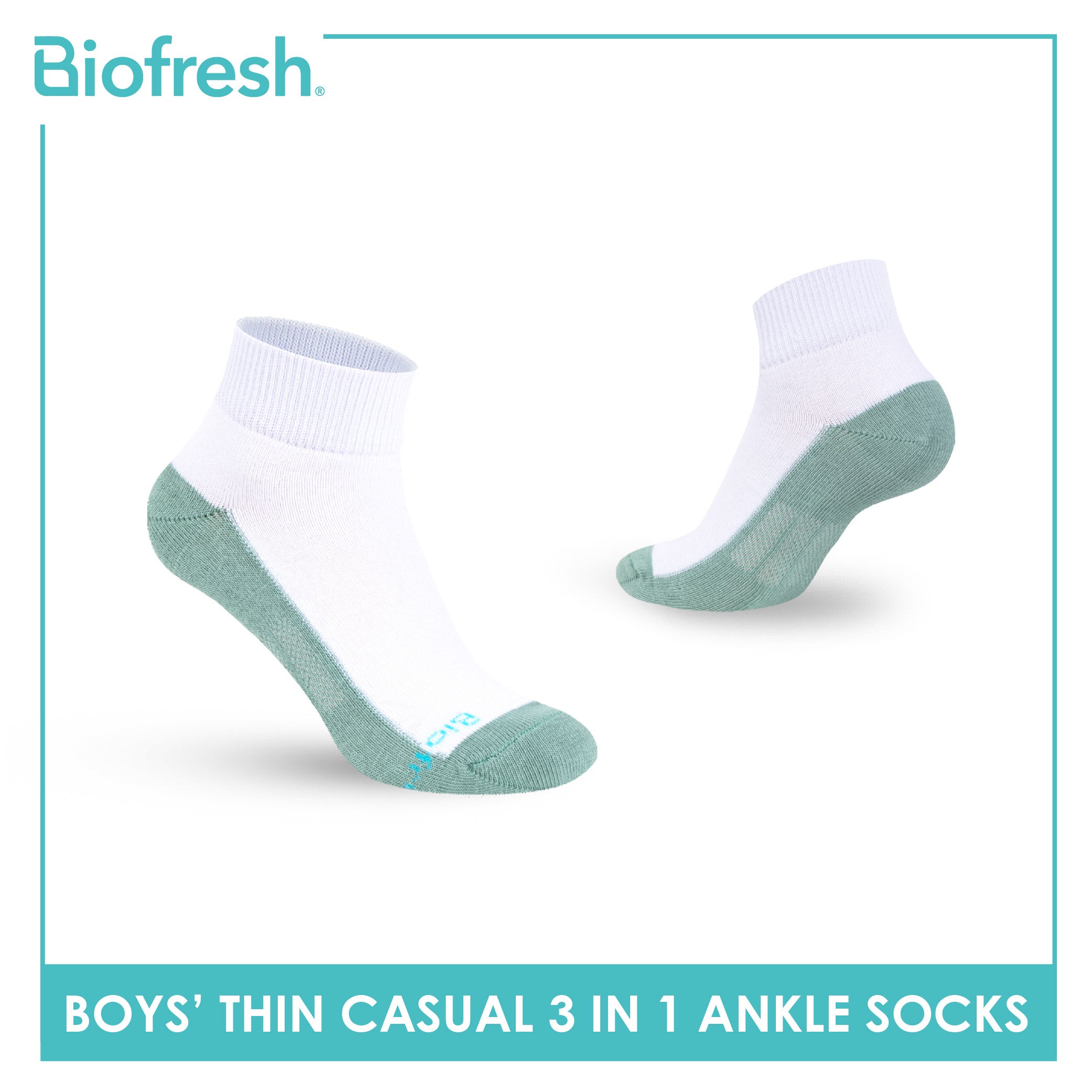 Biofresh Boys’ Antimicrobial Cotton Lite Thin Casual Ankle Socks 3 pairs in a pack RBCKG55