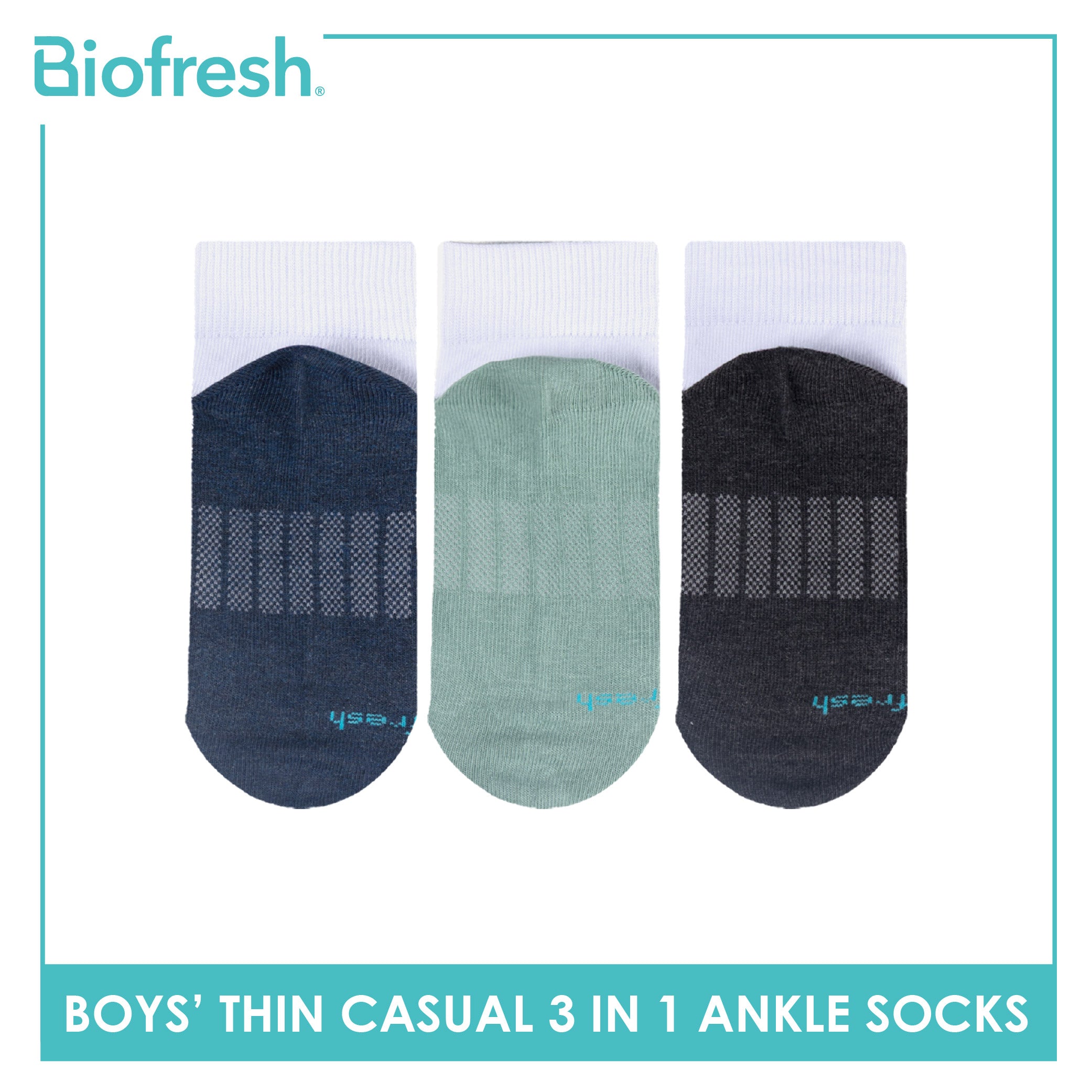 Biofresh Boys’ Antimicrobial Cotton Lite Thin Casual Ankle Socks 3 pairs in a pack RBCKG55