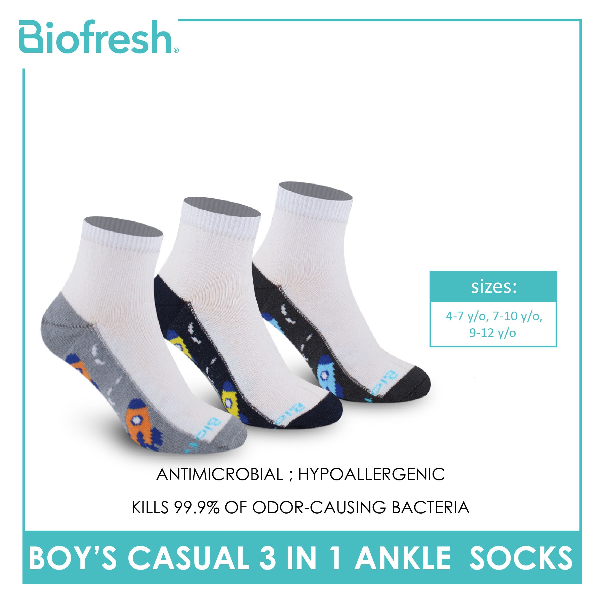 Biofresh Boys’ Antimicrobial Cotton Lite Thin Casual Ankle Socks 3 pairs in a pack RBCKG56