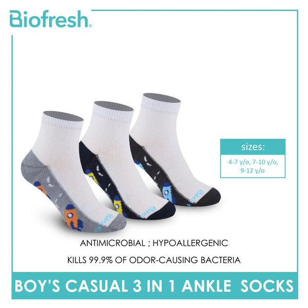 Biofresh Boys’ Antimicrobial Cotton Lite Thin Casual Ankle Socks 3 pairs in a pack RBCKG56