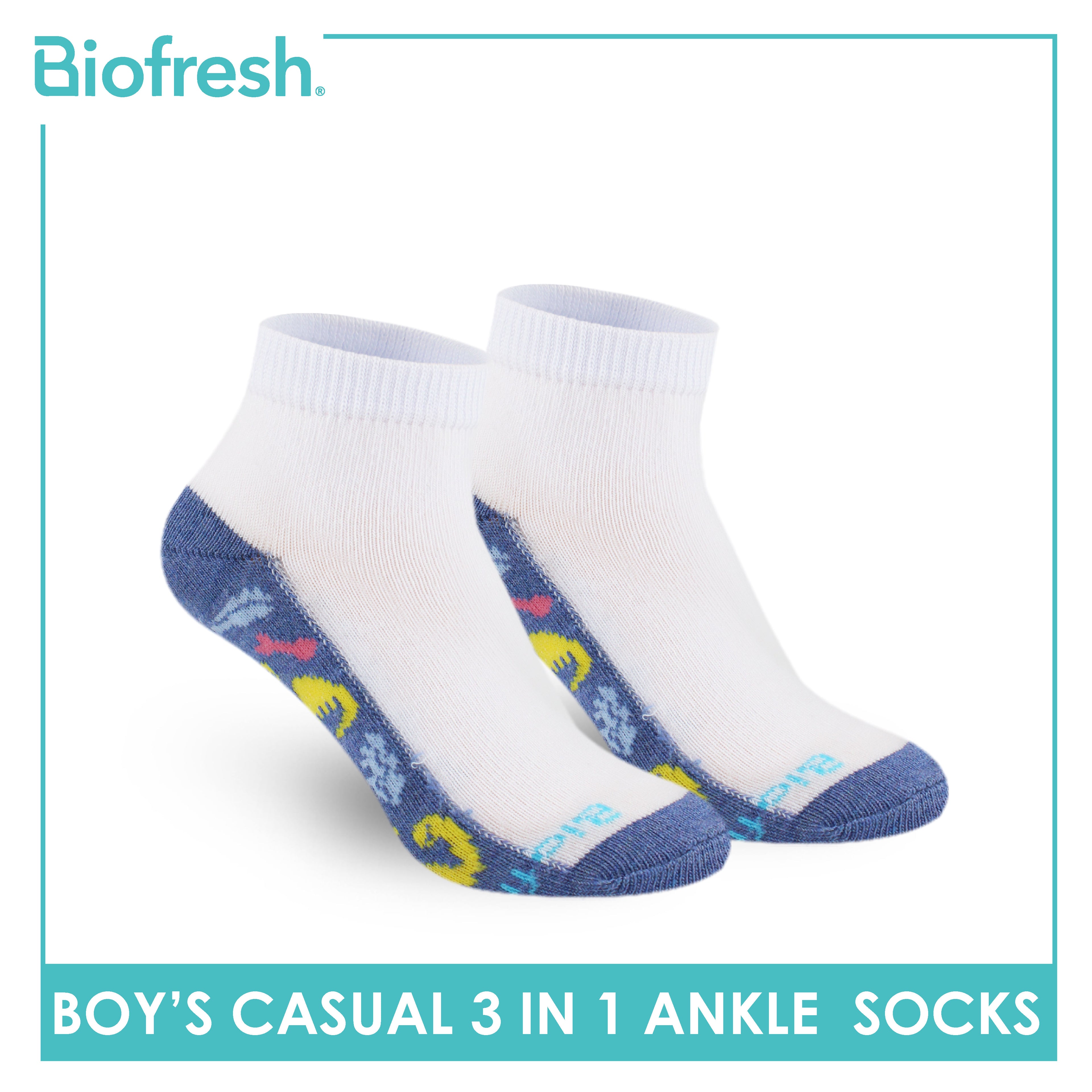 Biofresh Boys’ Antimicrobial Cotton Lite Thin Casual Ankle Socks 3 pairs in a pack RBCKG57
