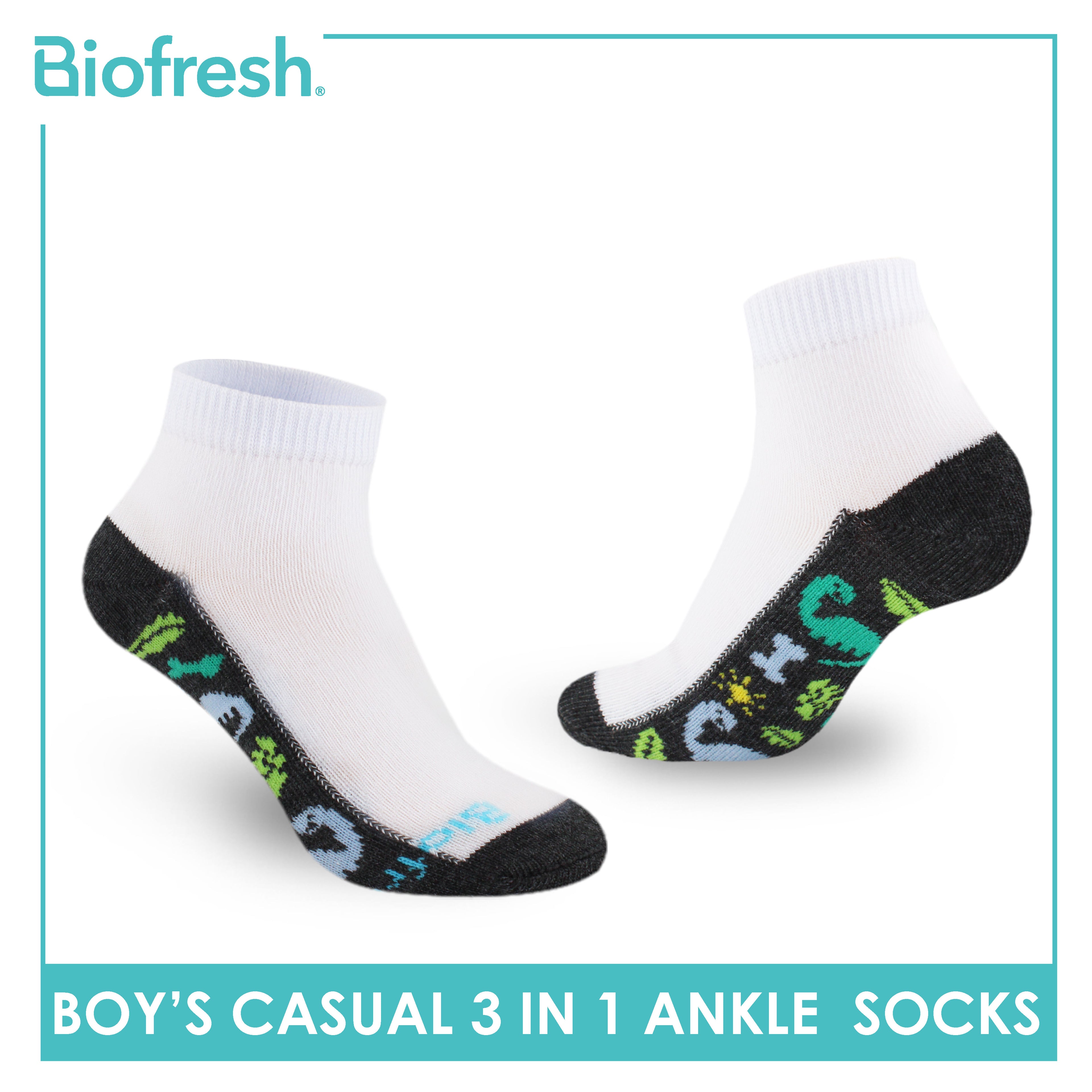 Biofresh Boys’ Antimicrobial Cotton Lite Thin Casual Ankle Socks 3 pairs in a pack RBCKG57
