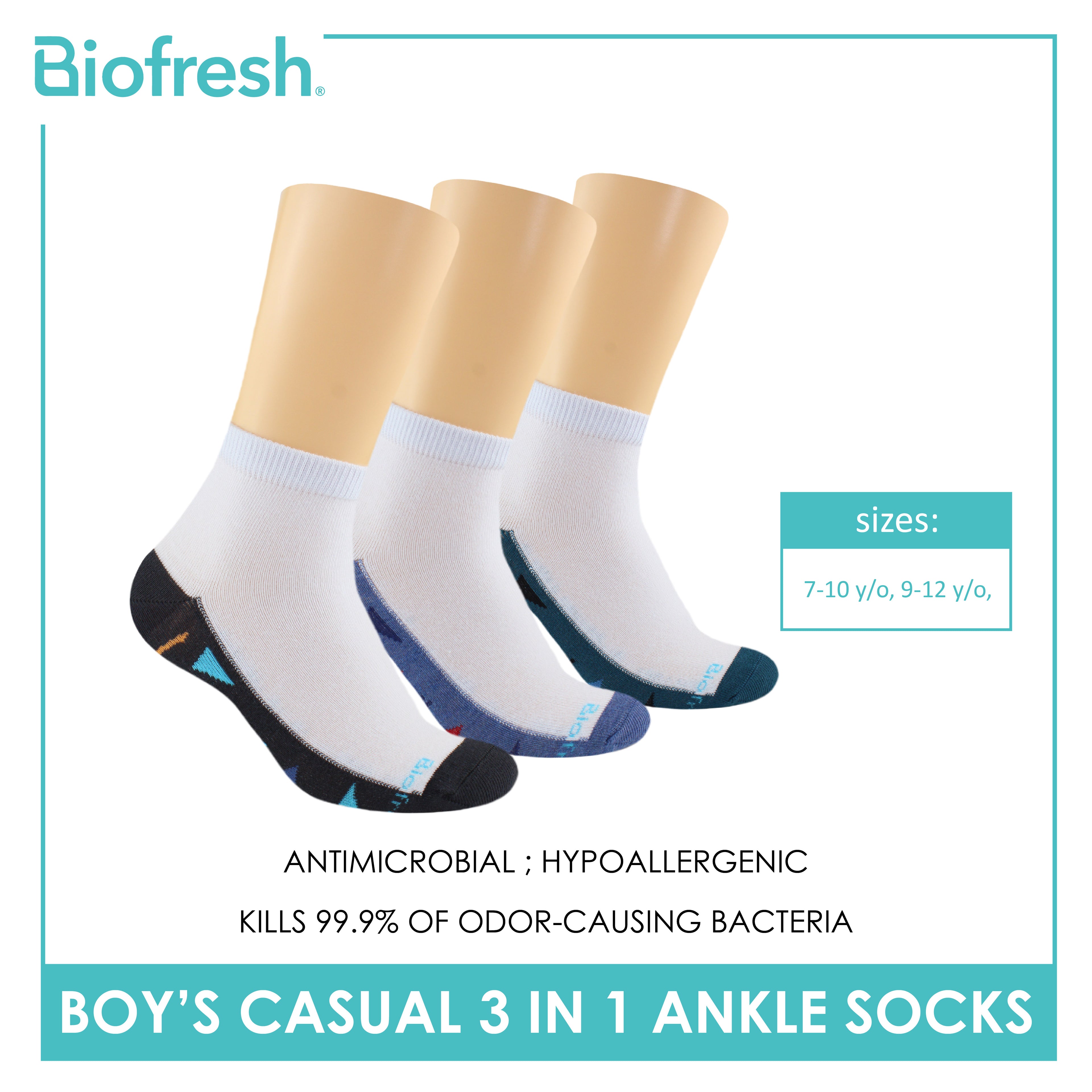 Biofresh Boys’ Antimicrobial Cotton Lite Thin Casual Ankle Socks 3 pairs in a pack RBCKG58