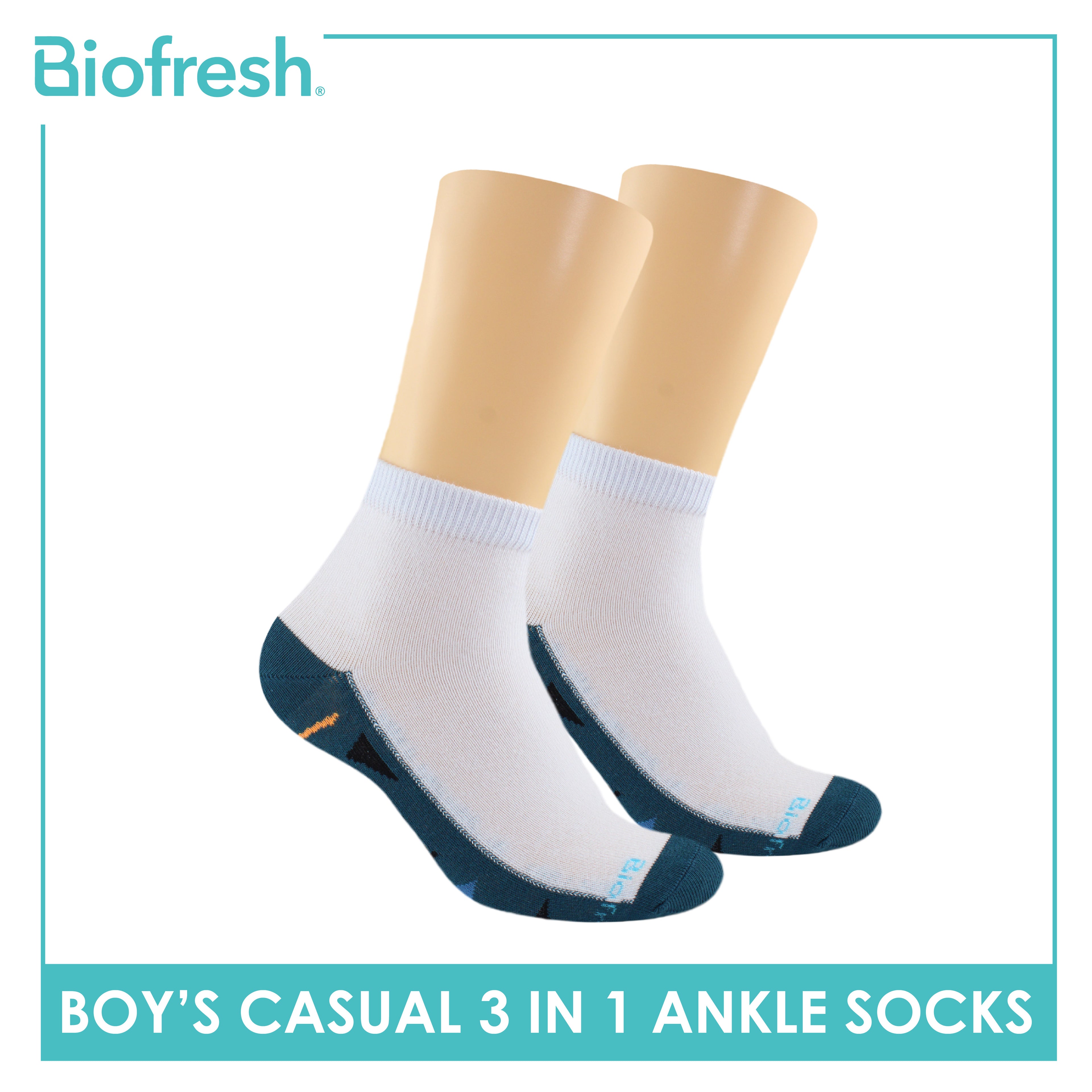 Biofresh Boys’ Antimicrobial Cotton Lite Thin Casual Ankle Socks 3 pairs in a pack RBCKG58