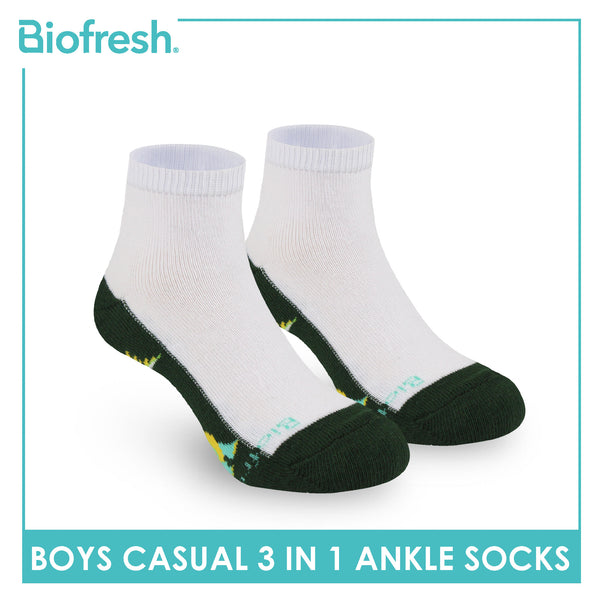 Biofresh Boys’ Antimicrobial Cotton Lite Casual Ankle Socks 3 pairs in 1 pack RBCKG61