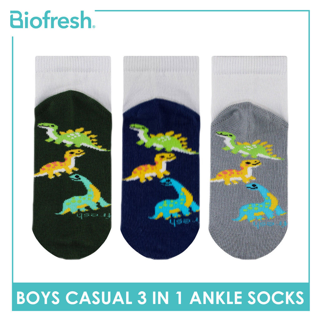 Biofresh Boys’ Antimicrobial Cotton Lite Casual Ankle Socks 3 pairs in 1 pack RBCKG61