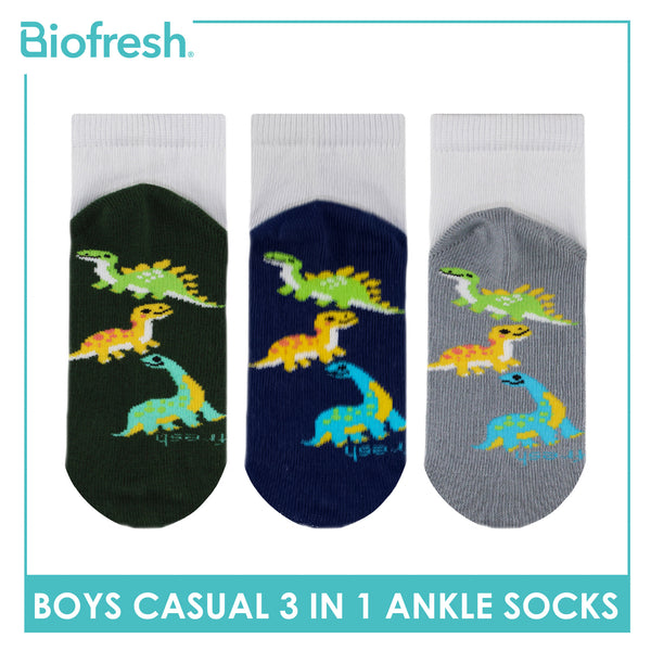 Biofresh Boys’ Antimicrobial Cotton Lite Casual Ankle Socks 3 pairs in 1 pack RBCKG61