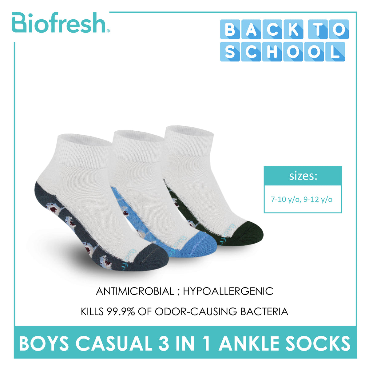 Biofresh Boys’ Antimicrobial Cotton Lite Casual Ankle Socks 3 pairs in 1 pack RBCKG62