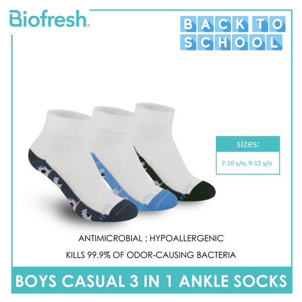 Biofresh Boys’ Antimicrobial Cotton Lite Casual Ankle Socks 3 pairs in 1 pack RBCKG62