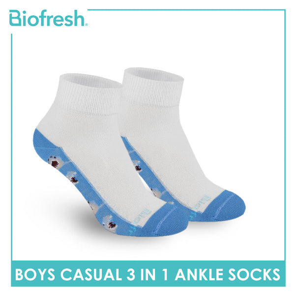 Biofresh Boys’ Antimicrobial Cotton Lite Casual Ankle Socks 3 pairs in 1 pack RBCKG62