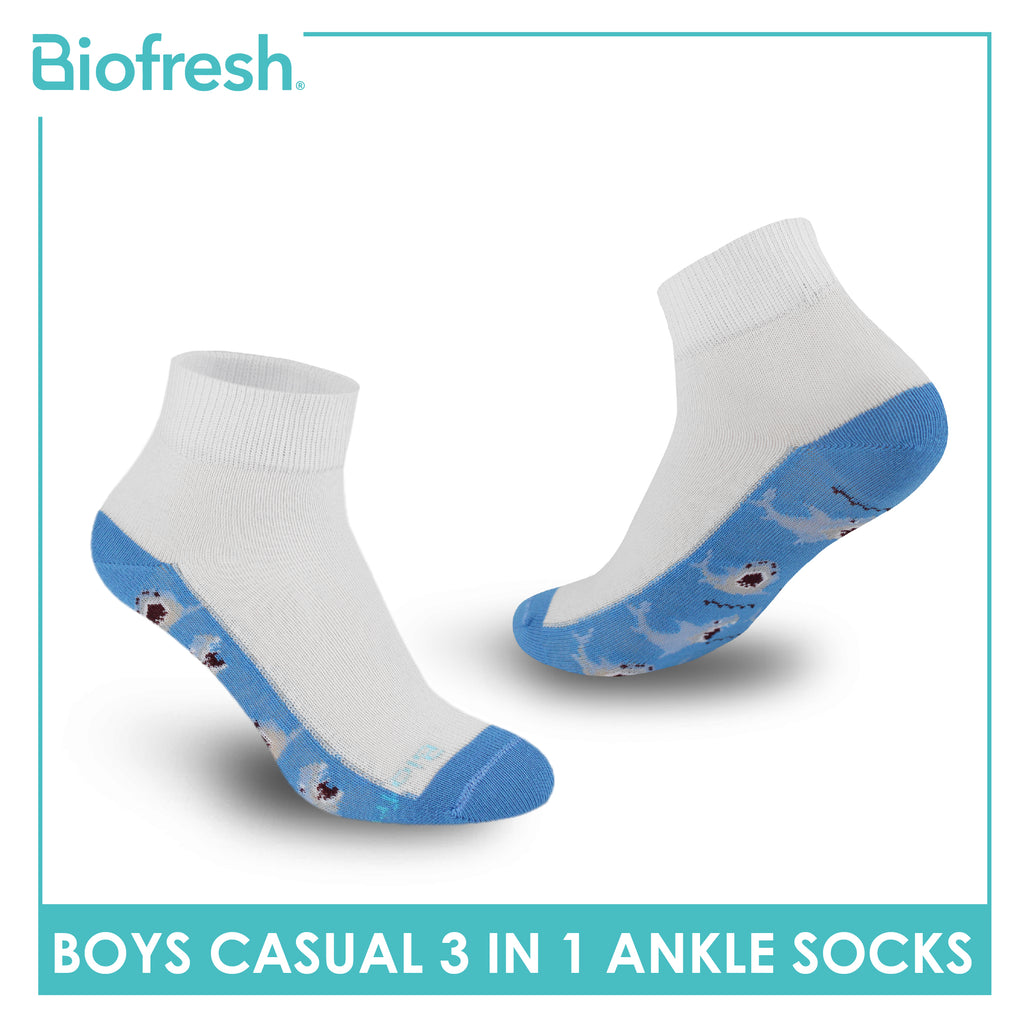 Biofresh Boys’ Antimicrobial Cotton Lite Casual Ankle Socks 3 pairs in 1 pack RBCKG62