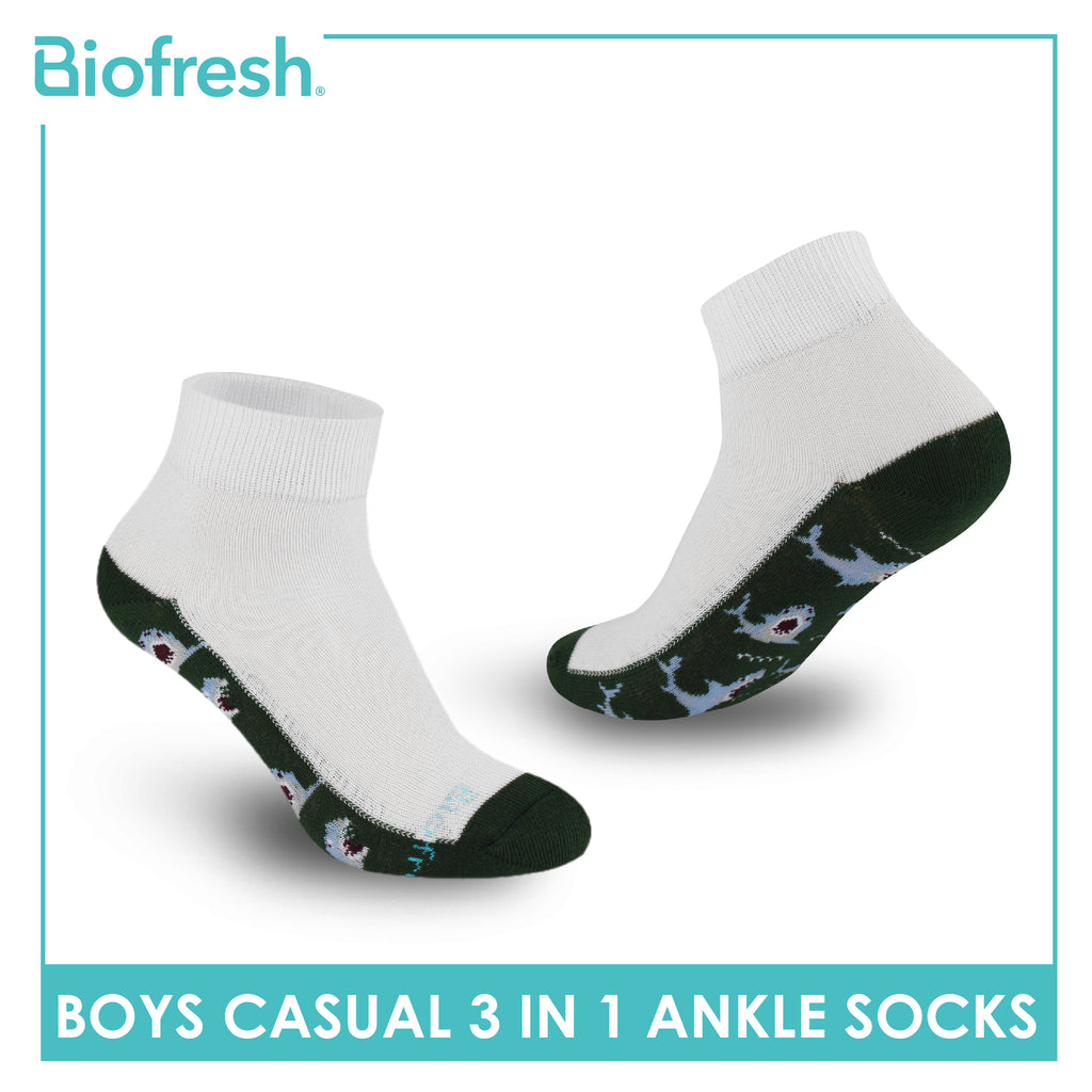 Biofresh Boys’ Antimicrobial Cotton Lite Casual Ankle Socks 3 pairs in 1 pack RBCKG62