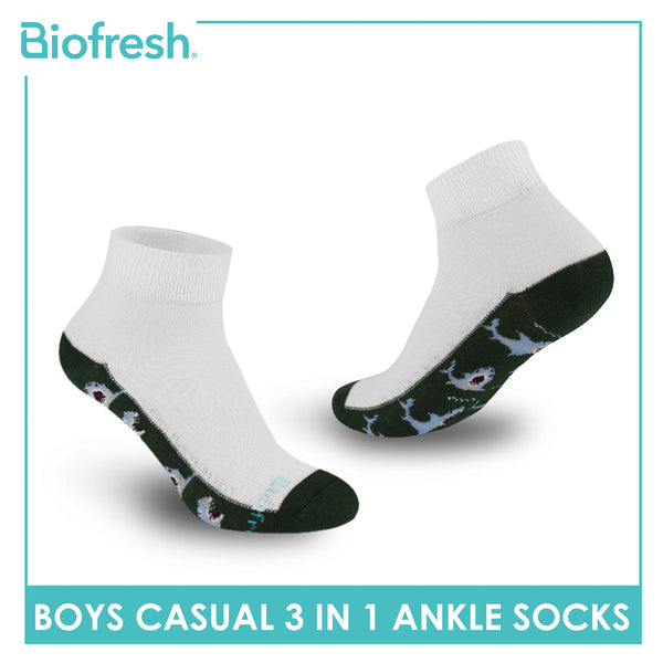 Biofresh Boys’ Antimicrobial Cotton Lite Casual Ankle Socks 3 pairs in 1 pack RBCKG62