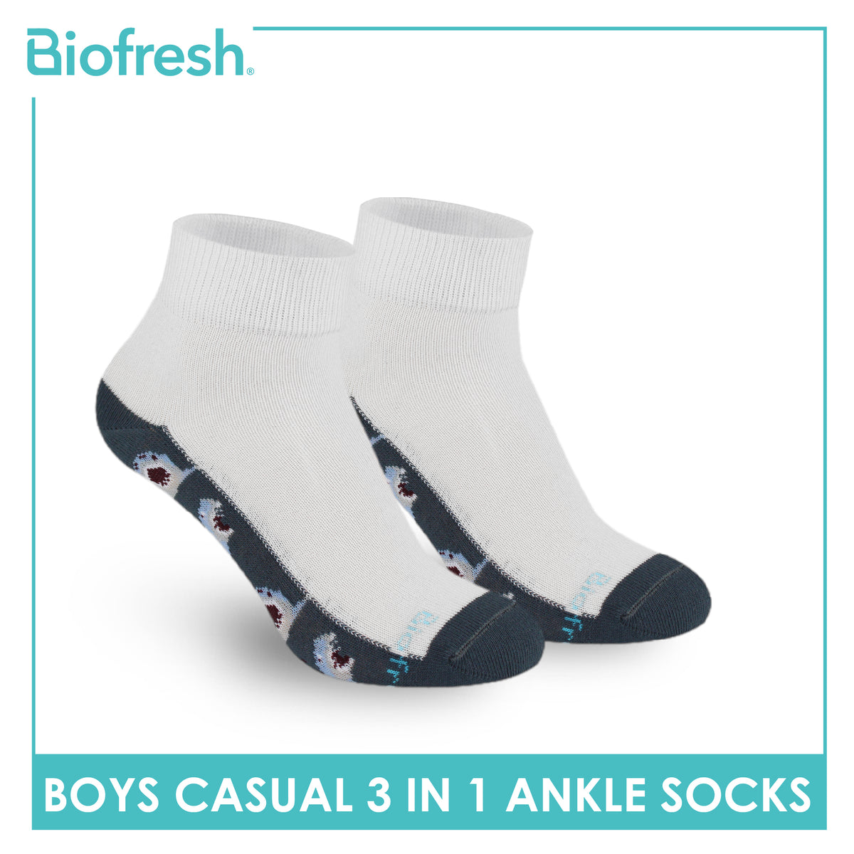 Biofresh Boys’ Antimicrobial Cotton Lite Casual Ankle Socks 3 pairs in 1 pack RBCKG62