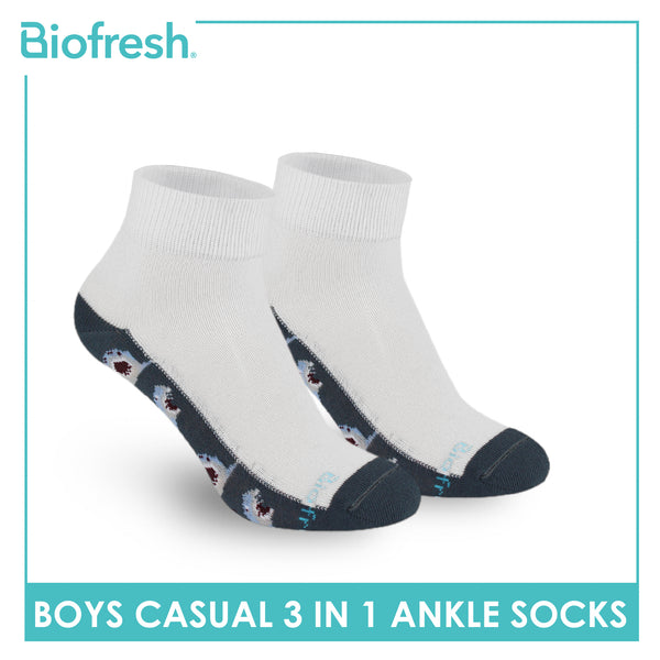 Biofresh Boys’ Antimicrobial Cotton Lite Casual Ankle Socks 3 pairs in 1 pack RBCKG62