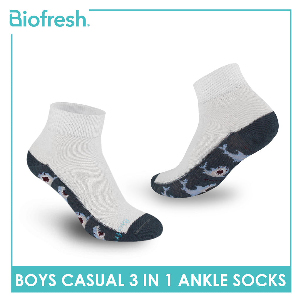 Biofresh Boys’ Antimicrobial Cotton Lite Casual Ankle Socks 3 pairs in 1 pack RBCKG62