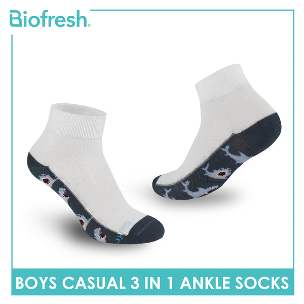 Biofresh Boys’ Antimicrobial Cotton Lite Casual Ankle Socks 3 pairs in 1 pack RBCKG62