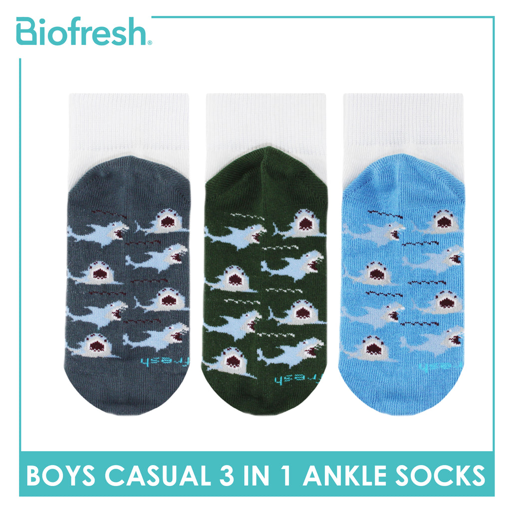 Biofresh Boys’ Antimicrobial Cotton Lite Casual Ankle Socks 3 pairs in 1 pack RBCKG62