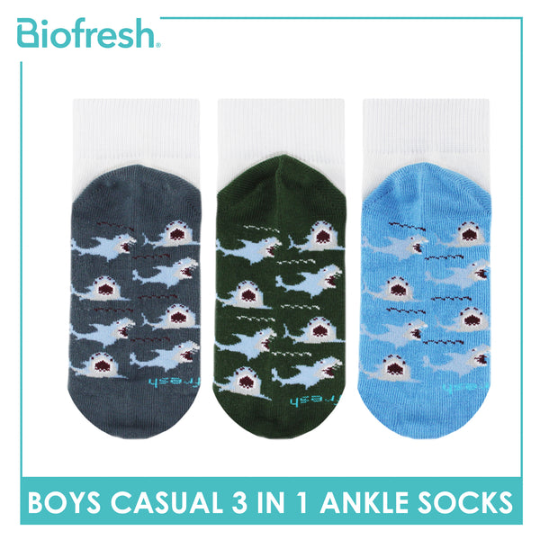 Biofresh Boys’ Antimicrobial Cotton Lite Casual Ankle Socks 3 pairs in 1 pack RBCKG62