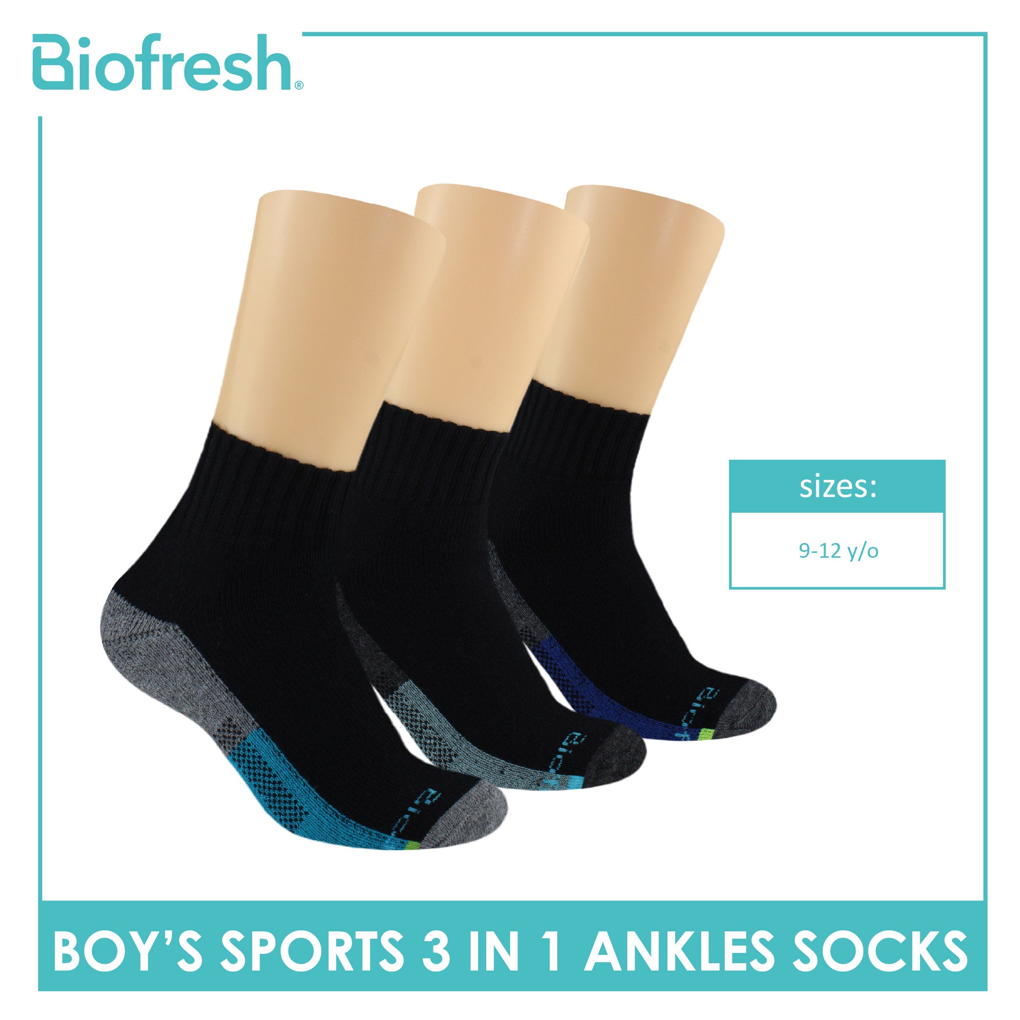 Biofresh Boys' Antimicrobial Cotton Ankle Thick Sports Socks 3 pairs in a pack RBSKG39