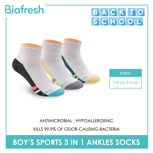 Biofresh Boys’ Antimicrobial Cotton Sports Ankle Socks 3 pairs in a pack RBSKG41