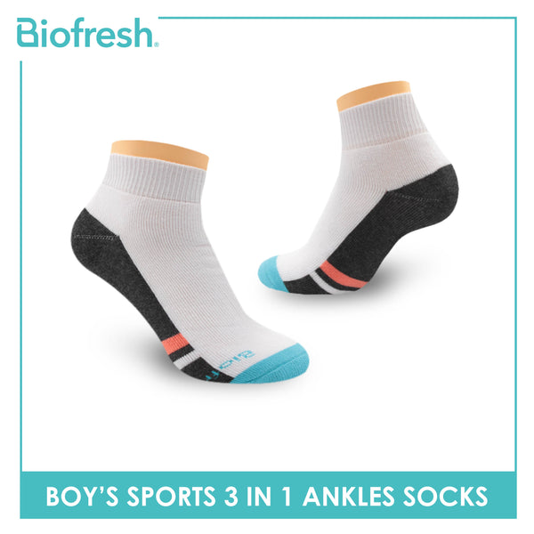 Biofresh Boys’ Antimicrobial Cotton Sports Ankle Socks 3 pairs in a pack RBSKG41