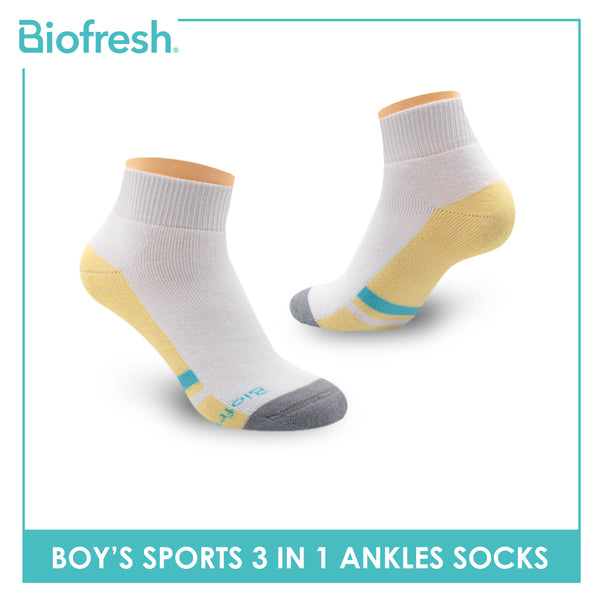 Biofresh Boys’ Antimicrobial Cotton Sports Ankle Socks 3 pairs in a pack RBSKG41