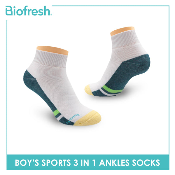 Biofresh Boys’ Antimicrobial Cotton Sports Ankle Socks 3 pairs in a pack RBSKG41