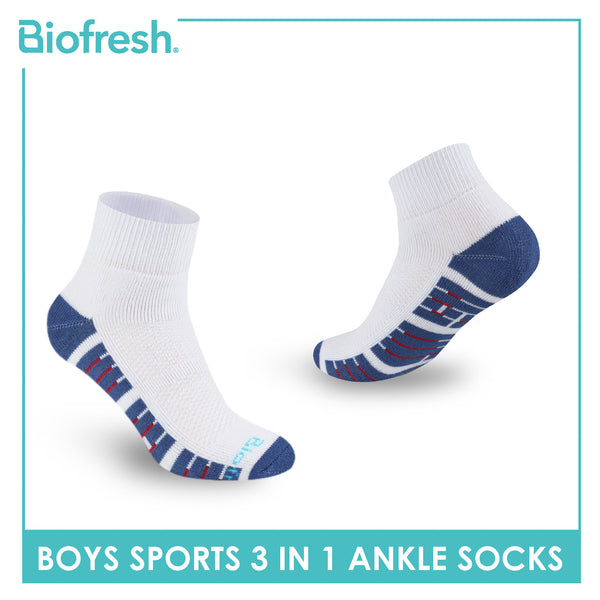 Biofresh Boys’ Antimicrobial Cotton Sports Ankle Socks 3 pairs in 1 pack RBSKG42