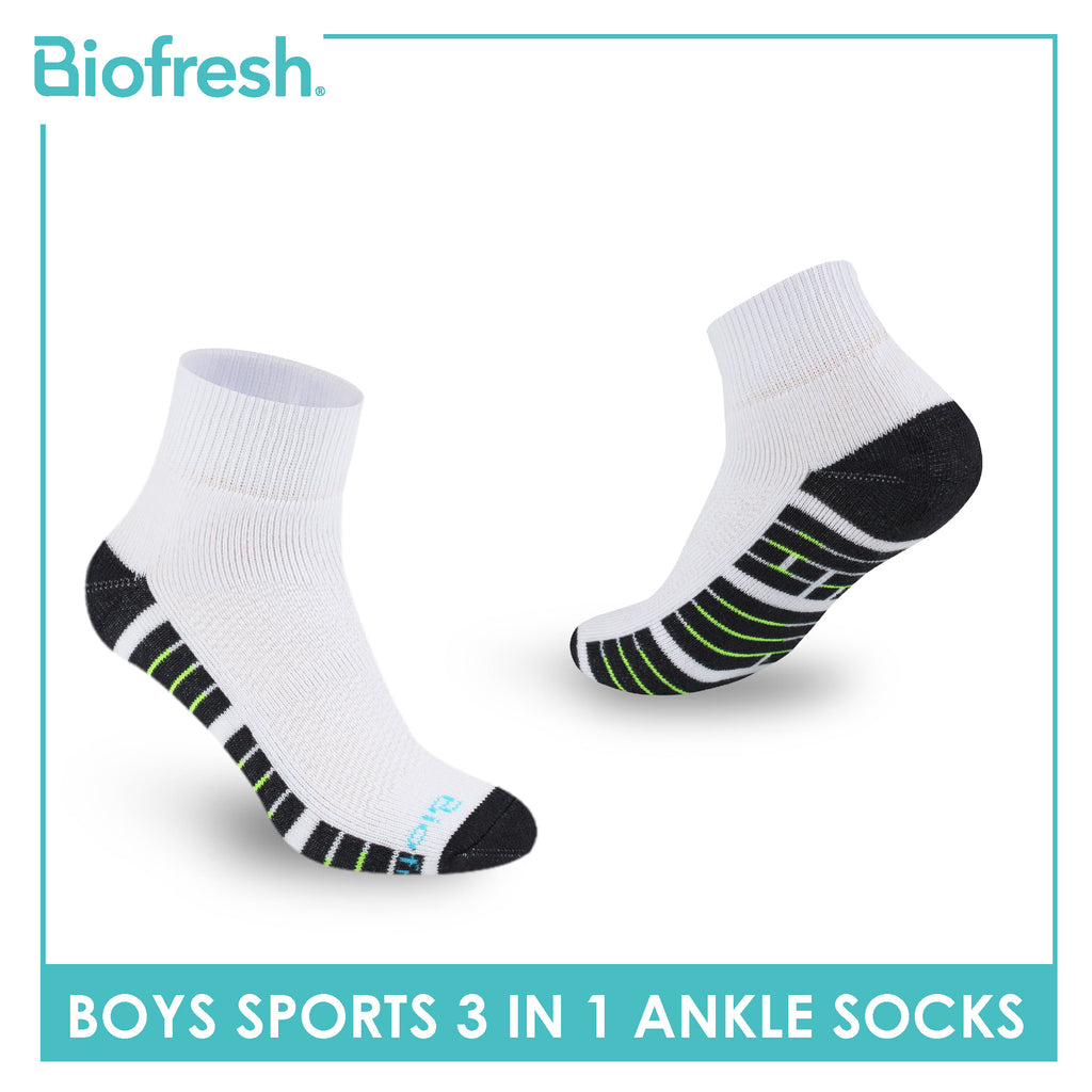 Biofresh Boys’ Antimicrobial Cotton Sports Ankle Socks 3 pairs in 1 pack RBSKG42