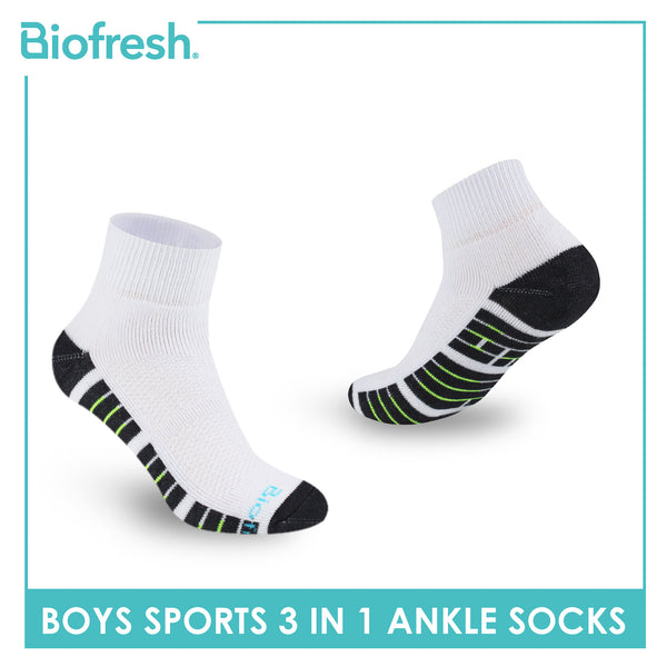 Biofresh Boys’ Antimicrobial Cotton Sports Ankle Socks 3 pairs in 1 pack RBSKG42