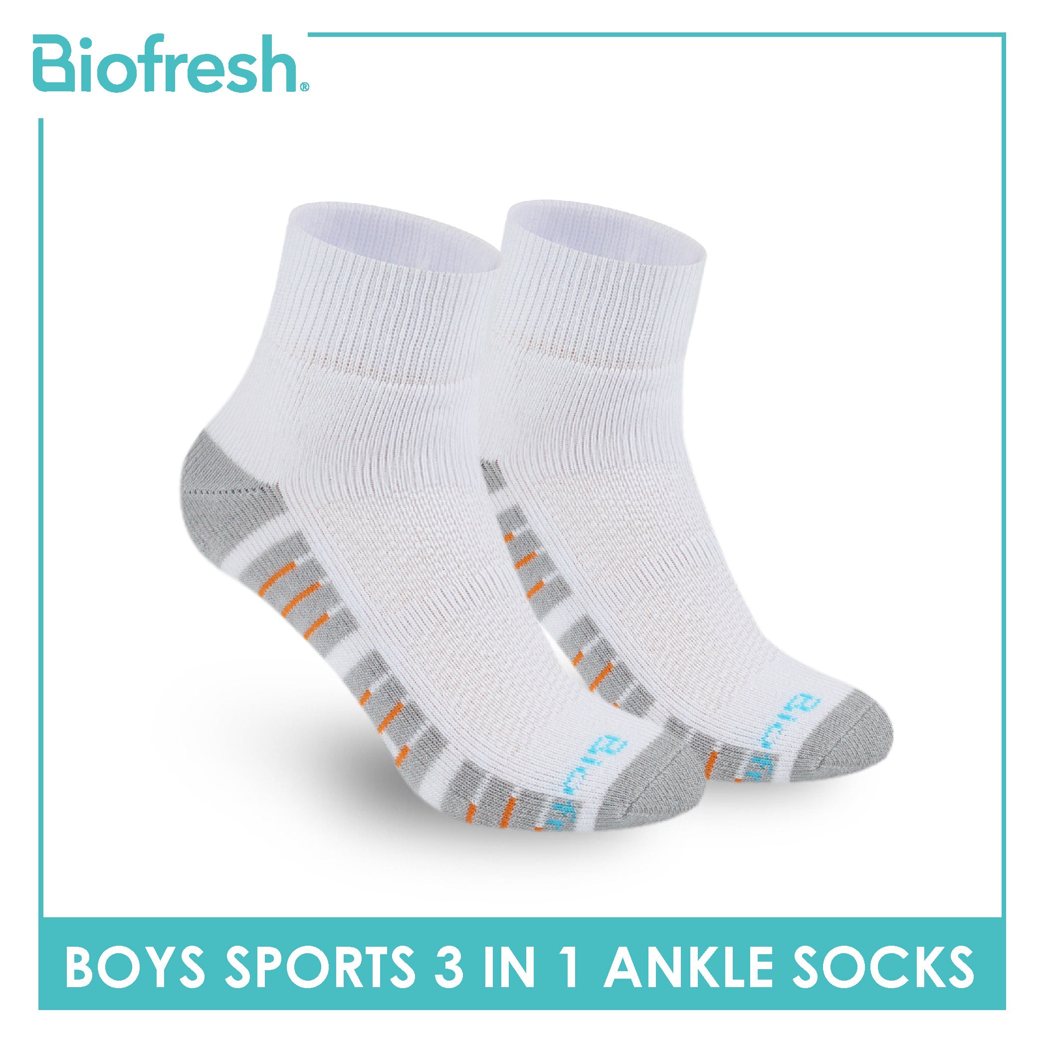 Biofresh Boys’ Antimicrobial Cotton Sports Ankle Socks 3 pairs in 1 pack RBSKG42