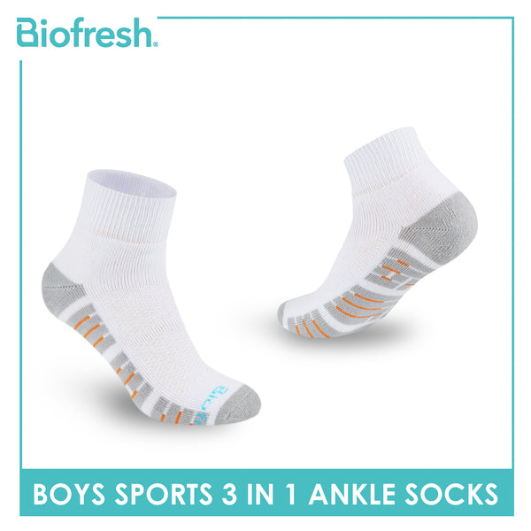 Biofresh Boys’ Antimicrobial Cotton Sports Ankle Socks 3 pairs in 1 pack RBSKG42
