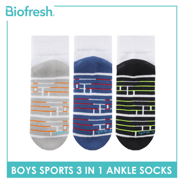 Biofresh Boys’ Antimicrobial Cotton Sports Ankle Socks 3 pairs in 1 pack RBSKG42