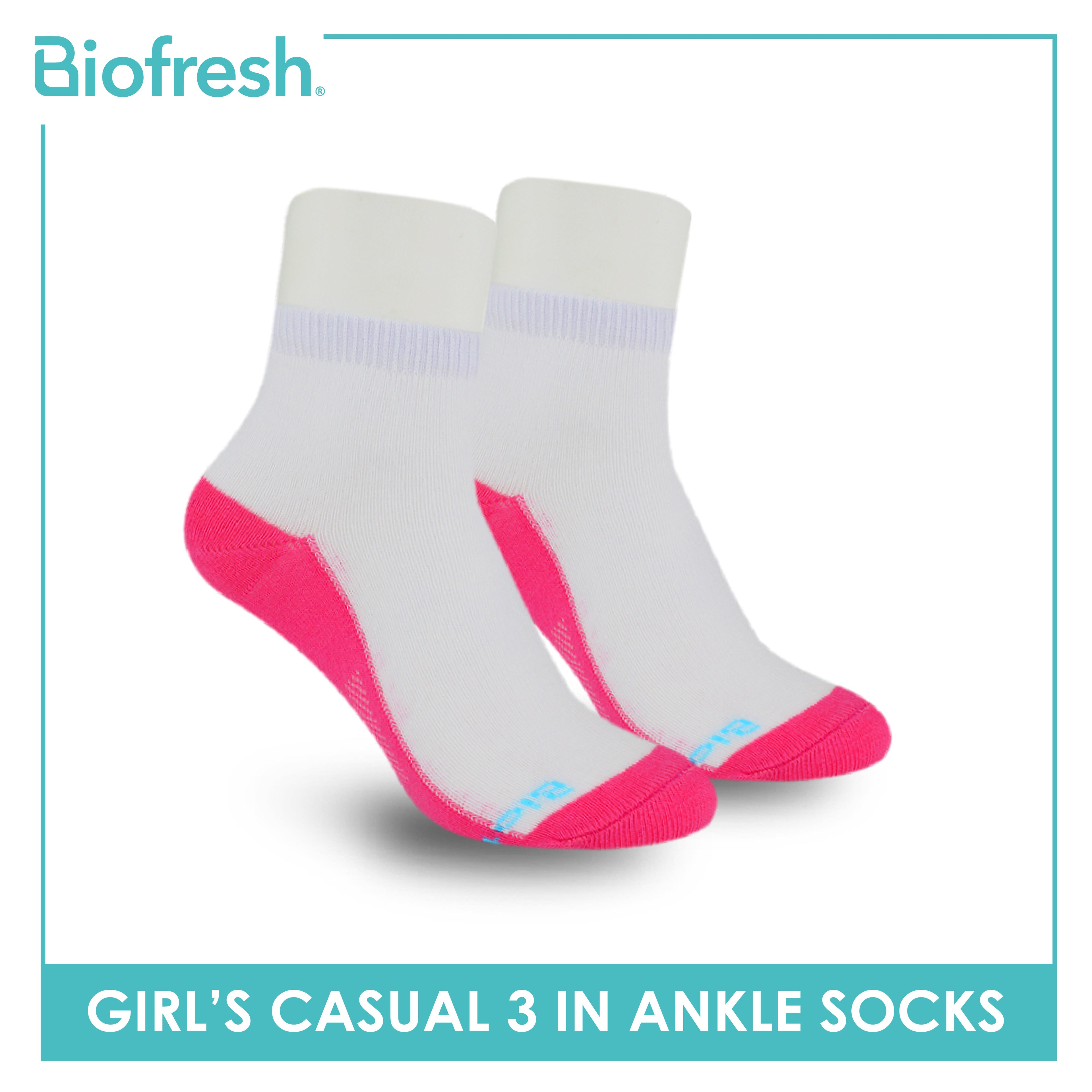 Biofresh Girls’ Antimicrobial Cotton Thin Casual Ankle Socks 3 pairs in a pack RGCKG62