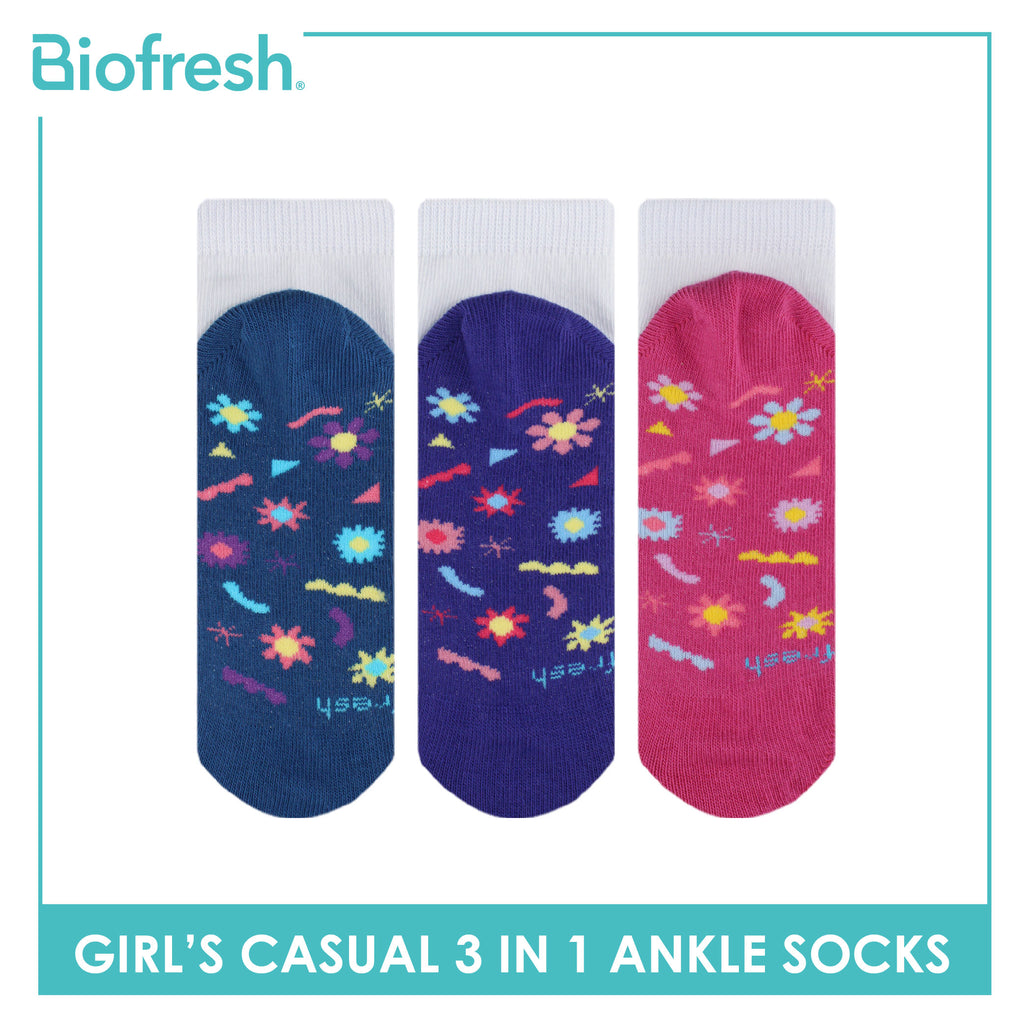 Biofresh Girls’ Antimicrobial Cotton Thin Casual Ankle Socks 3 pairs in a pack RGCKG63