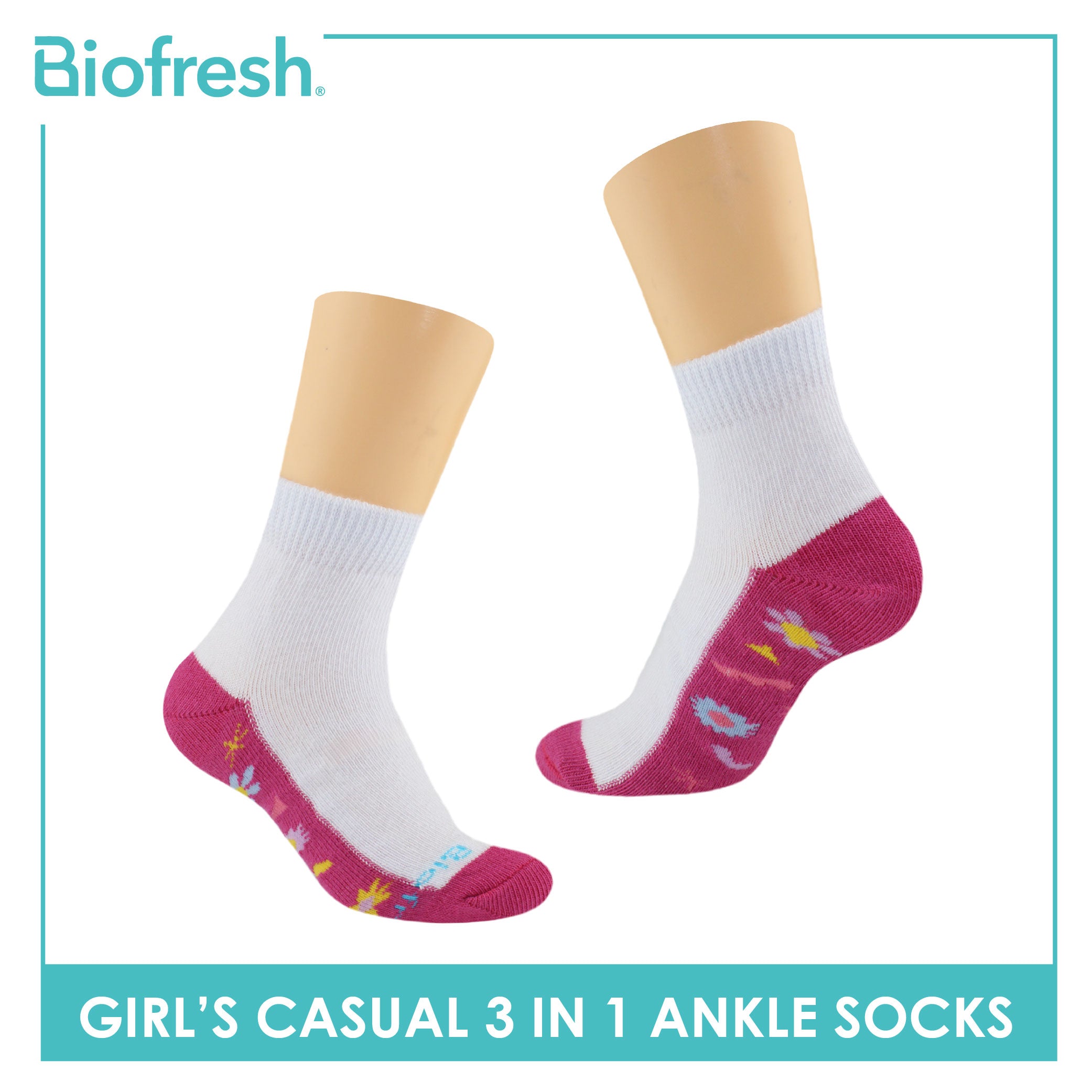 Biofresh Girls’ Antimicrobial Cotton Thin Casual Ankle Socks 3 pairs in a pack RGCKG63