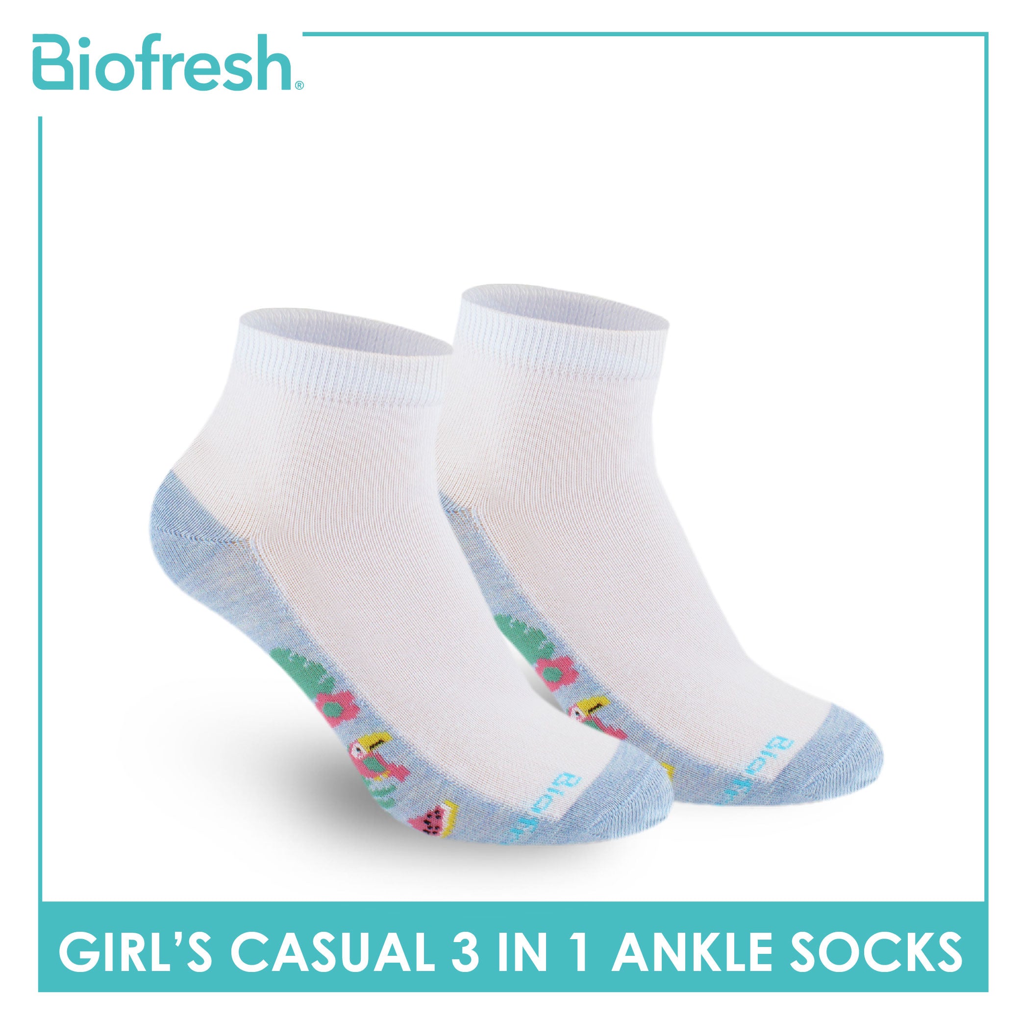 Biofresh Girls’ Antimicrobial Cotton Thin Casual Ankle Socks 3 pairs in a pack RGCKG64