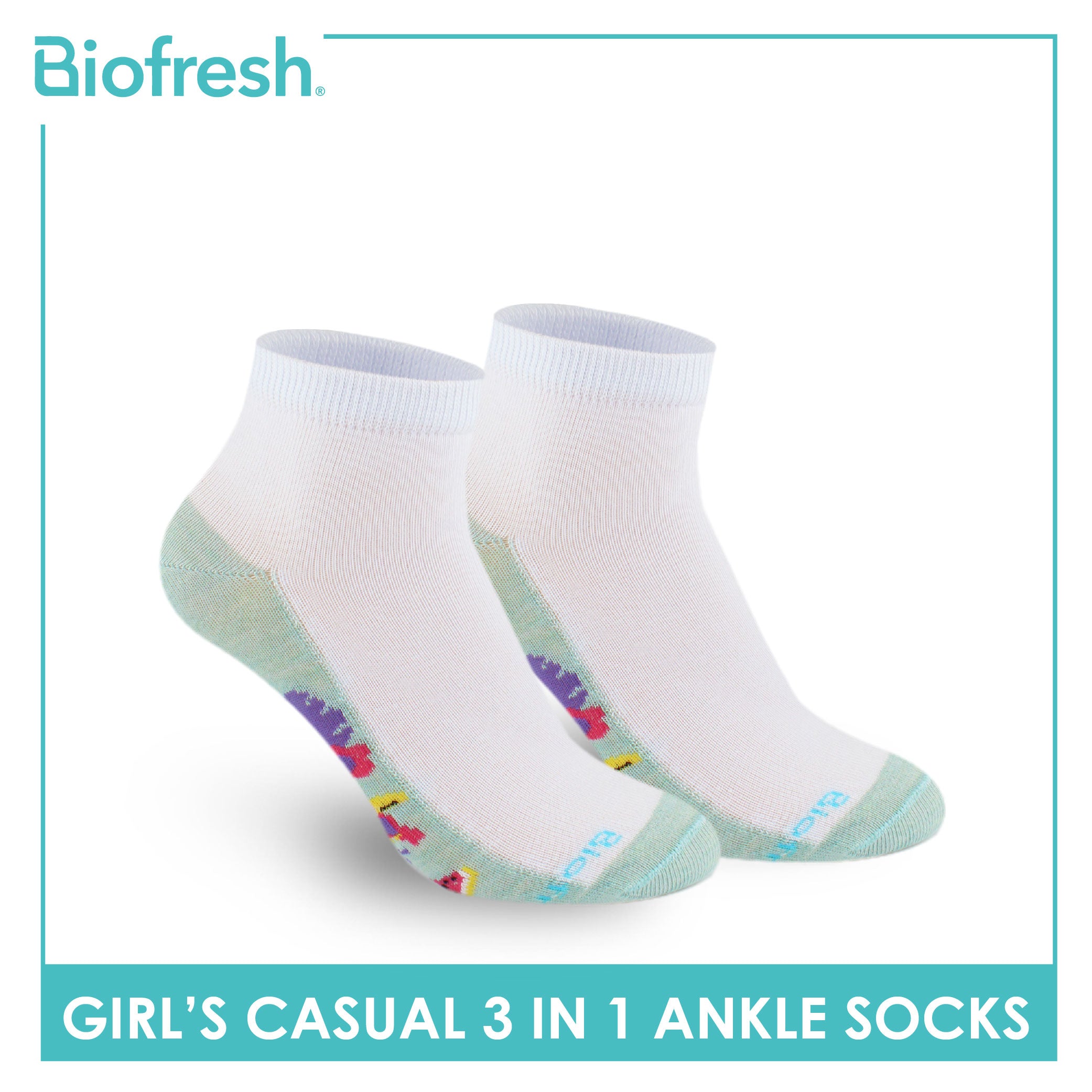 Biofresh Girls’ Antimicrobial Cotton Thin Casual Ankle Socks 3 pairs in a pack RGCKG64