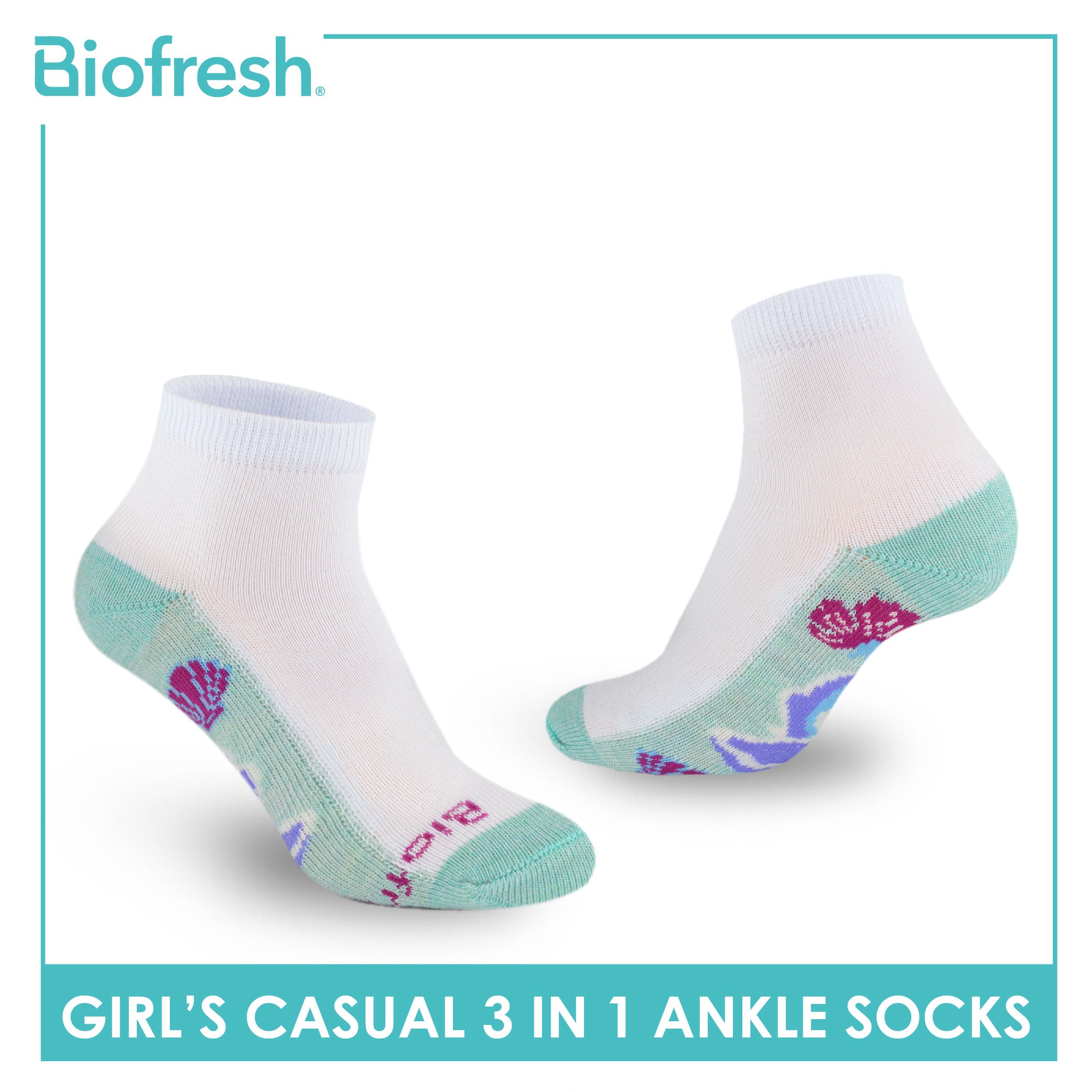 Biofresh Girls’ Antimicrobial Cotton Thin Casual Ankle Socks 3 pairs in a pack RGCKG65