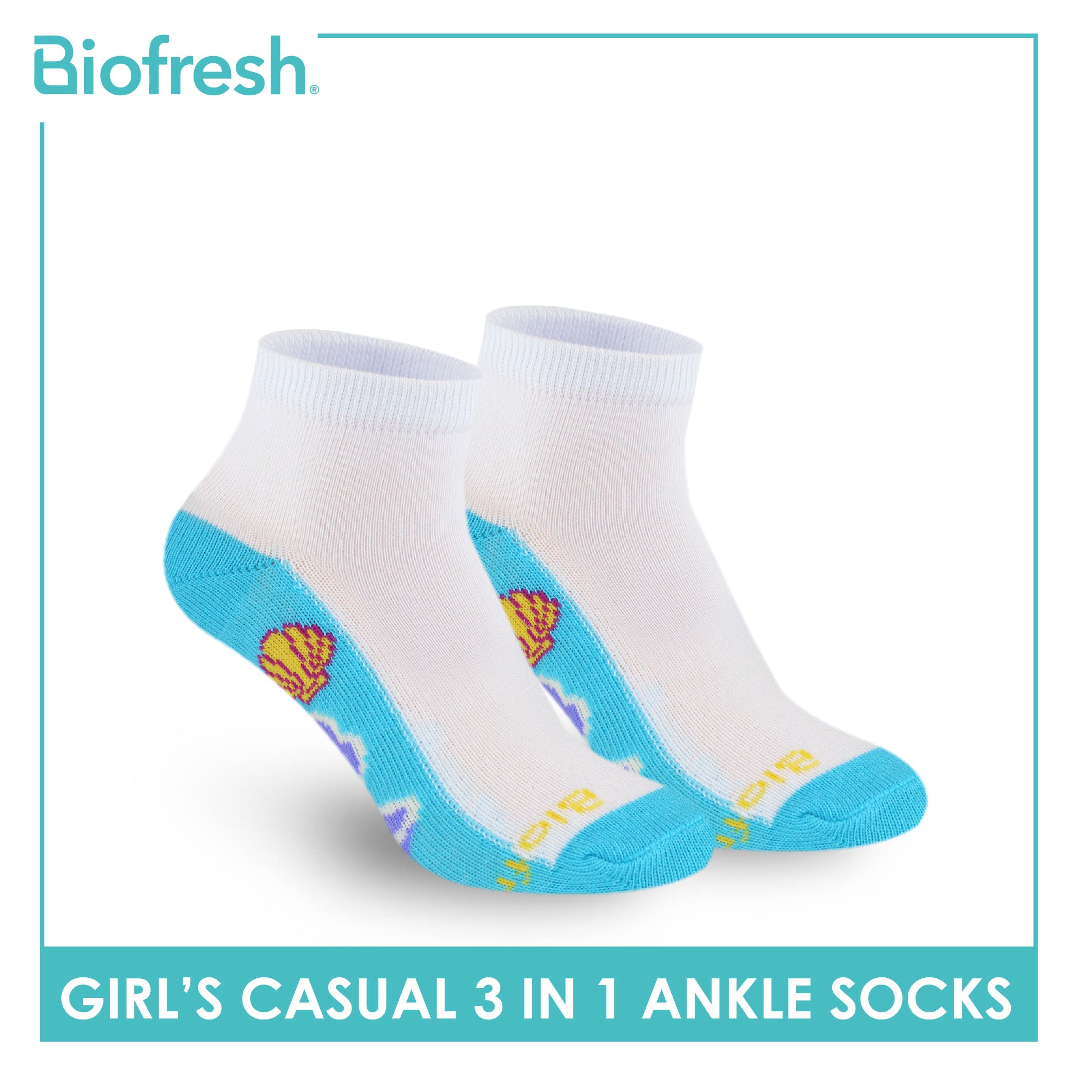Biofresh Girls’ Antimicrobial Cotton Thin Casual Ankle Socks 3 pairs in a pack RGCKG65
