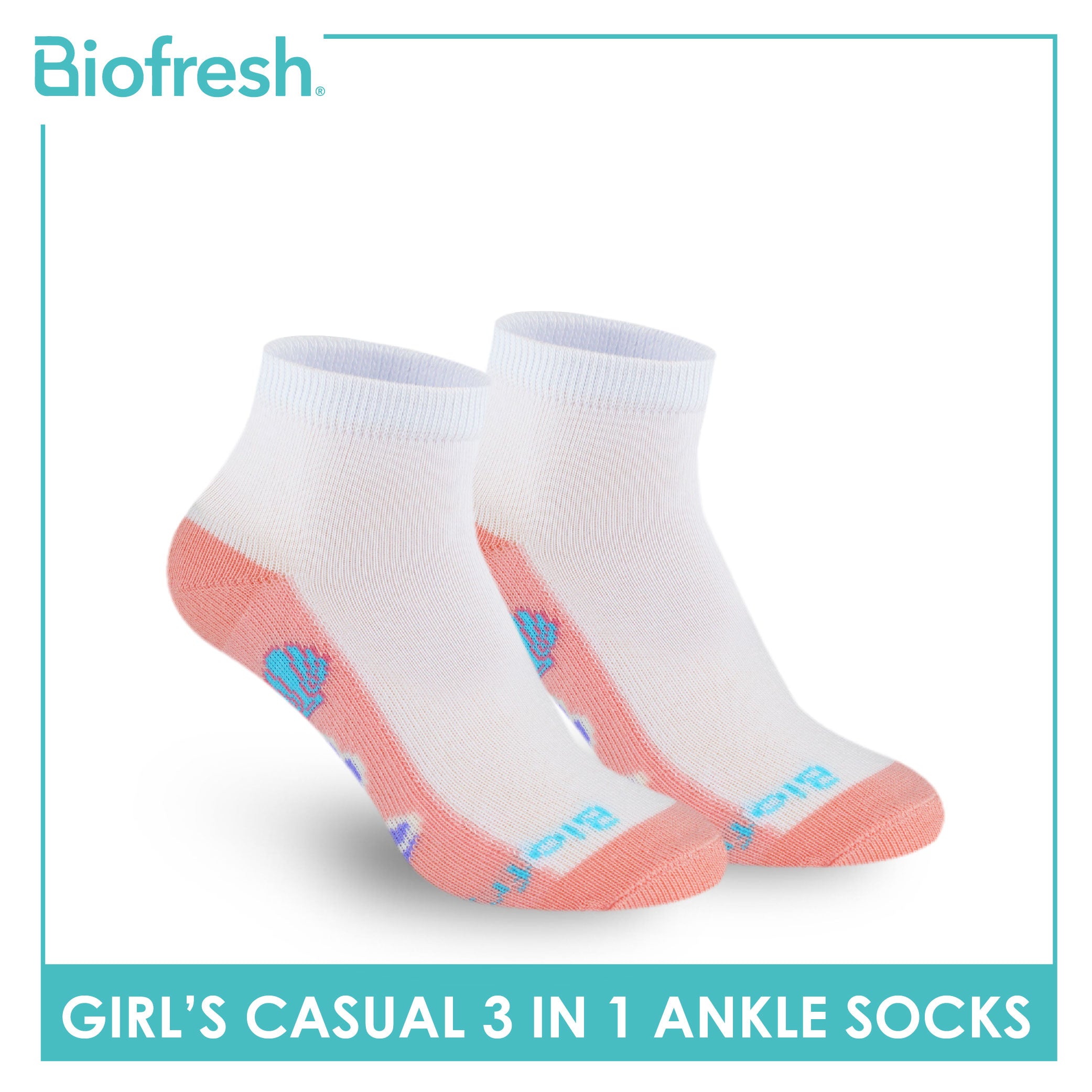 Biofresh Girls’ Antimicrobial Cotton Thin Casual Ankle Socks 3 pairs in a pack RGCKG65