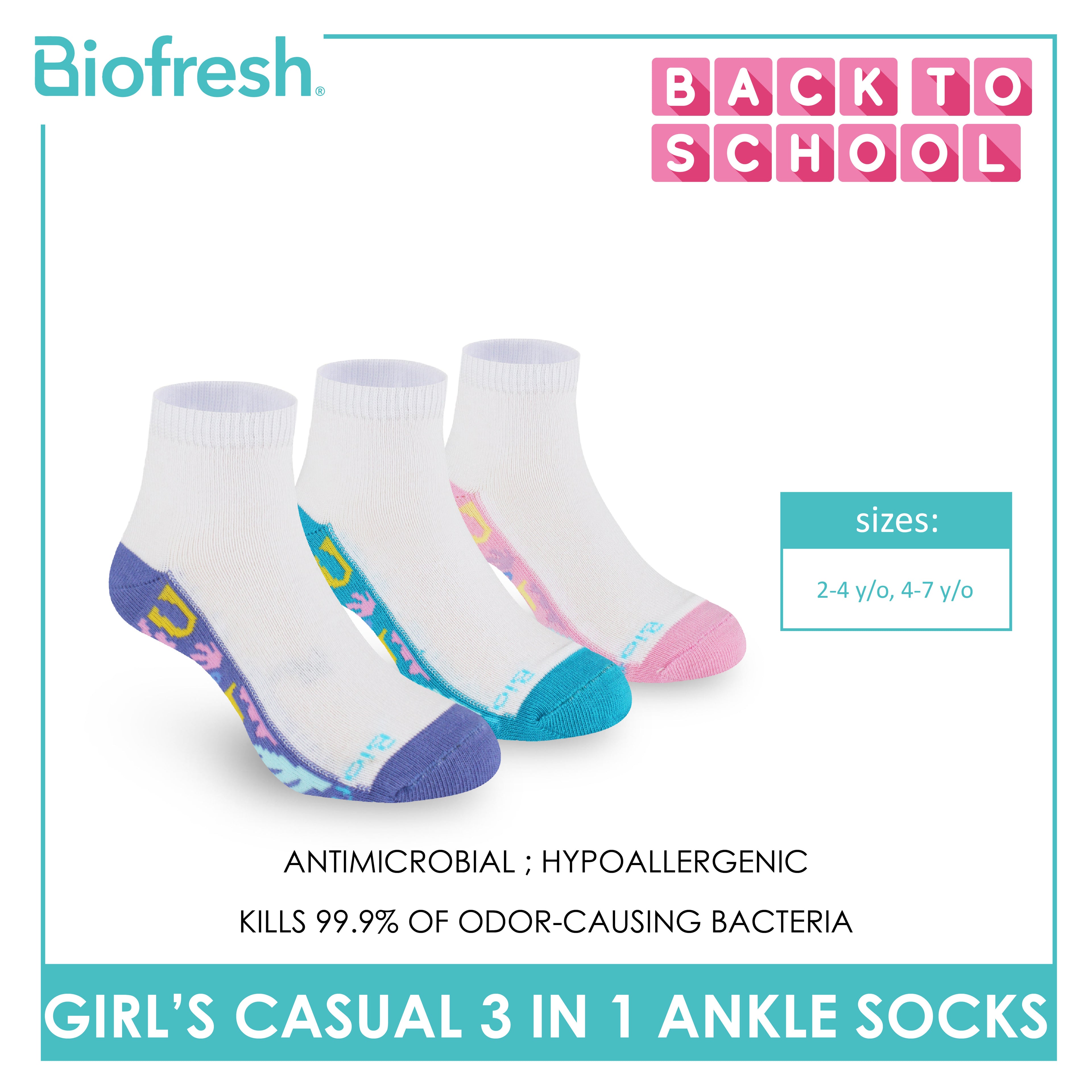 Biofresh Girls’ Antimicrobial Cotton Thin Casual Ankle Socks 3 pairs in 1 pack RGCKG68