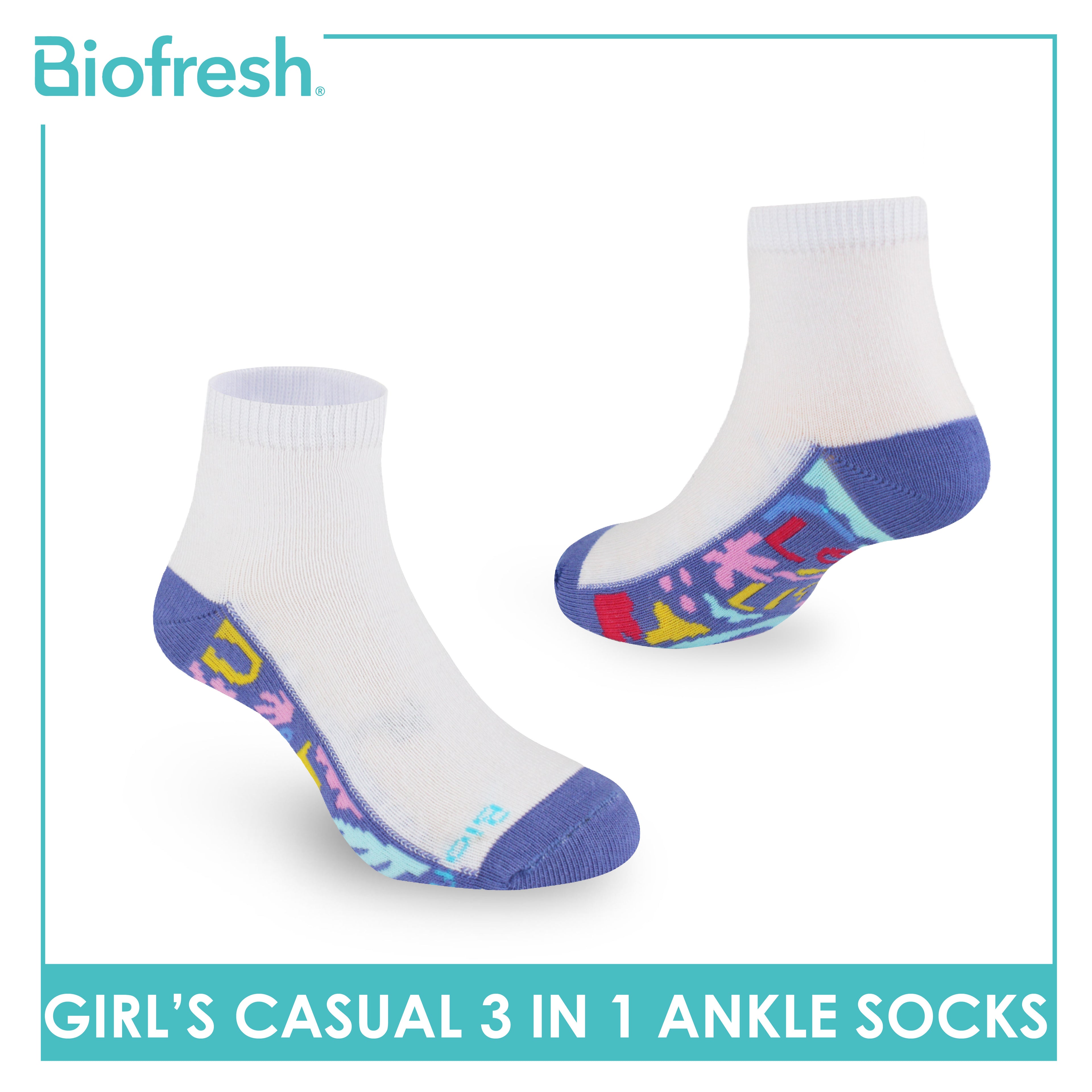Biofresh Girls’ Antimicrobial Cotton Thin Casual Ankle Socks 3 pairs in 1 pack RGCKG68