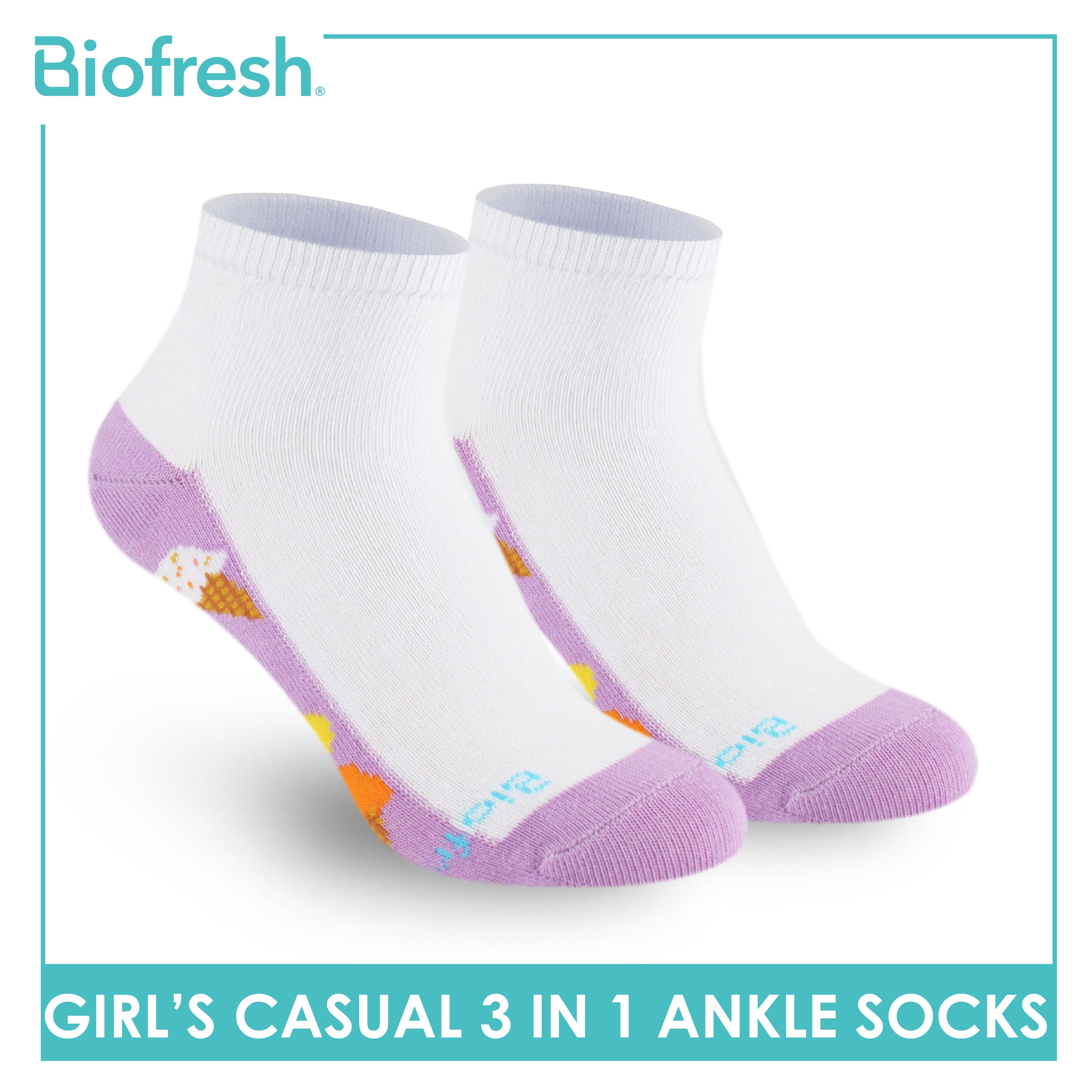Biofresh Girls’ Antimicrobial Cotton Thin Casual Ankle Socks 3 pairs in 1 pack RGCKG69