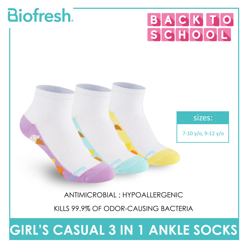 Biofresh Girls’ Antimicrobial Cotton Thin Casual Ankle Socks 3 pairs in 1 pack RGCKG69