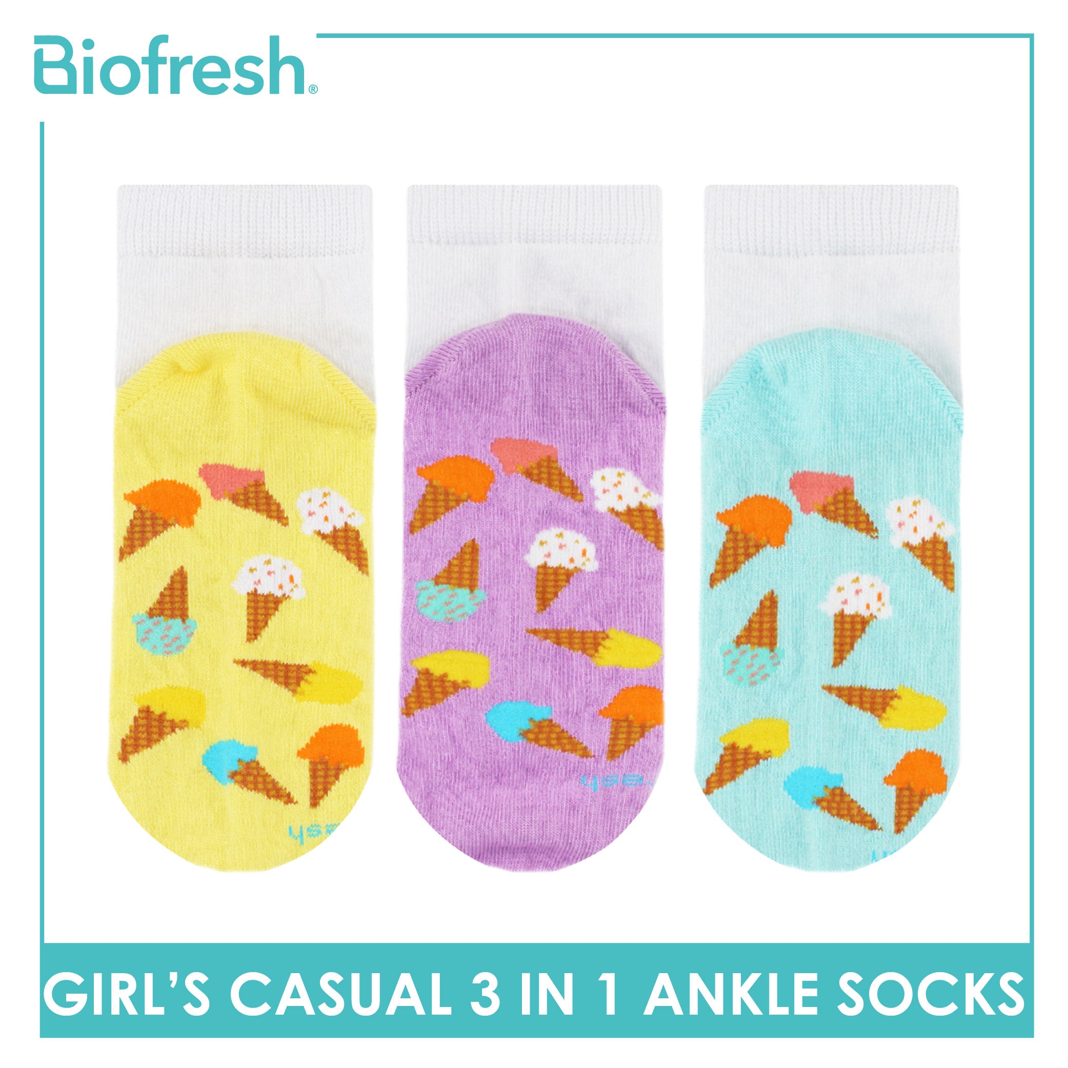 Biofresh Girls’ Antimicrobial Cotton Thin Casual Ankle Socks 3 pairs in 1 pack RGCKG69
