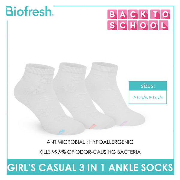 Biofresh Girls’ Antimicrobial Cotton Lite Casual Ankle Socks 3 pairs in 1 pack RGCKG70