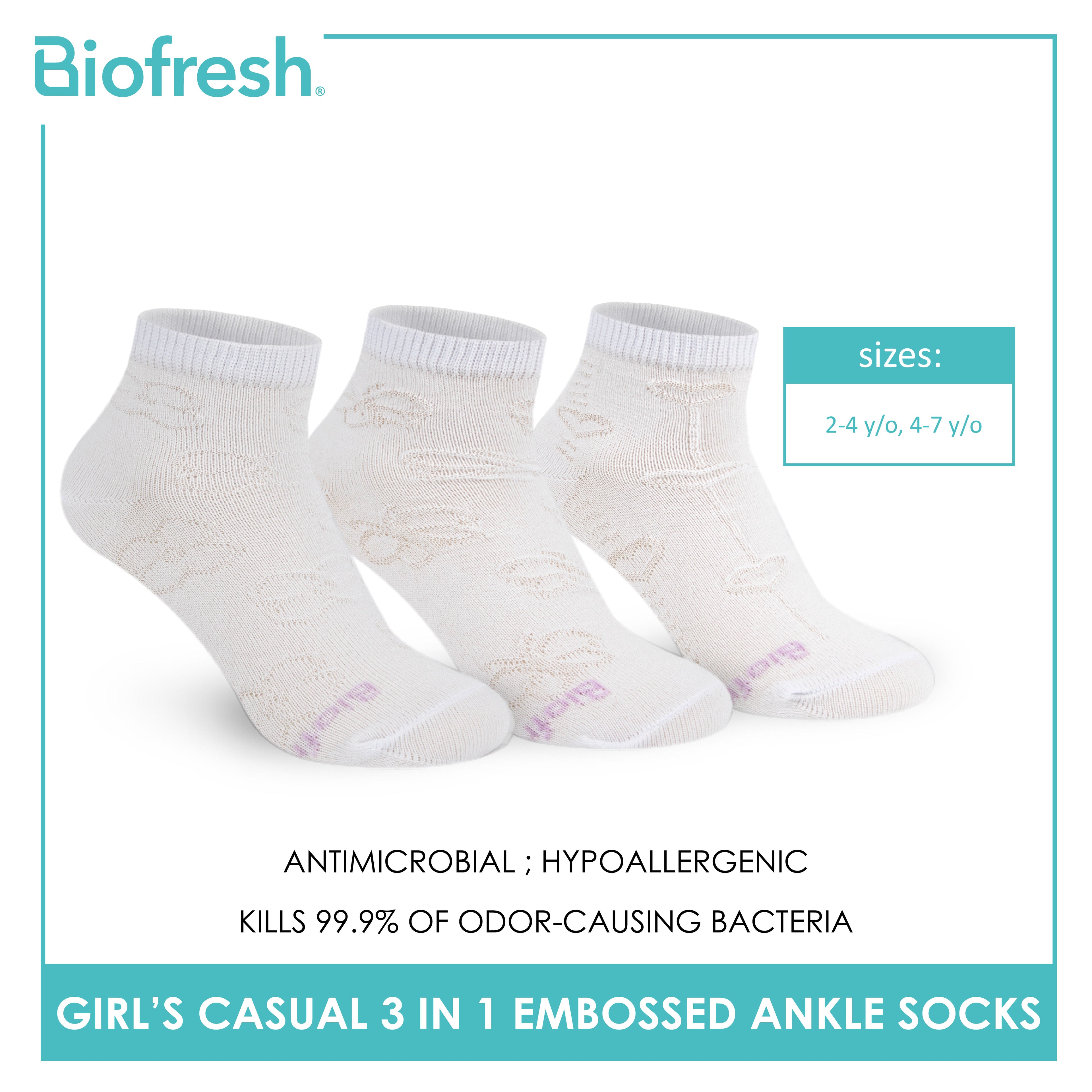 Biofresh Girls’ Antimicrobial Embossed Cotton Thin Casual Ankle Socks 3 pairs in 1 pack RGCKG70