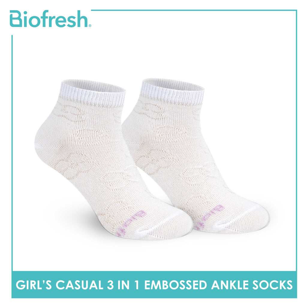 Biofresh Girls’ Antimicrobial Embossed Cotton Thin Casual Ankle Socks 3 pairs in 1 pack RGCKG70